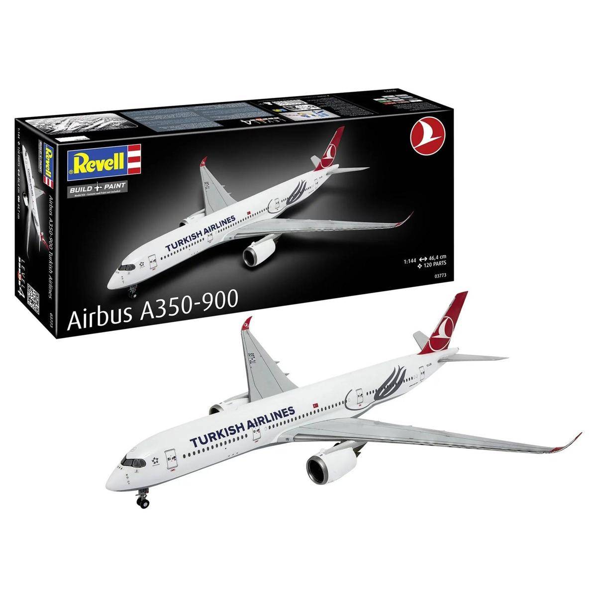 Modellbausatz-Karton und zusammengebautes Flugzeug eines Turkish Airlines Airbus A350-900 von Revell. Die Schachtel zeigt das Flugzeugbild und das Branding.