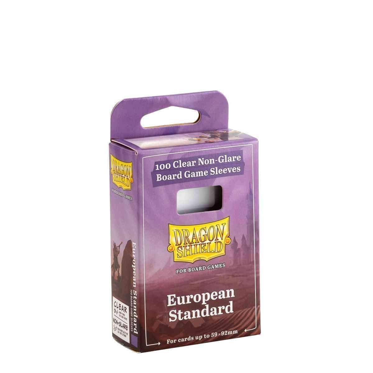 Kartenhüllen 'Dragon Shield', 100 Stück, transparent mattiert, europäisches Standardformat für Karten bis 59x92mm, in einer violetten Schachtel.