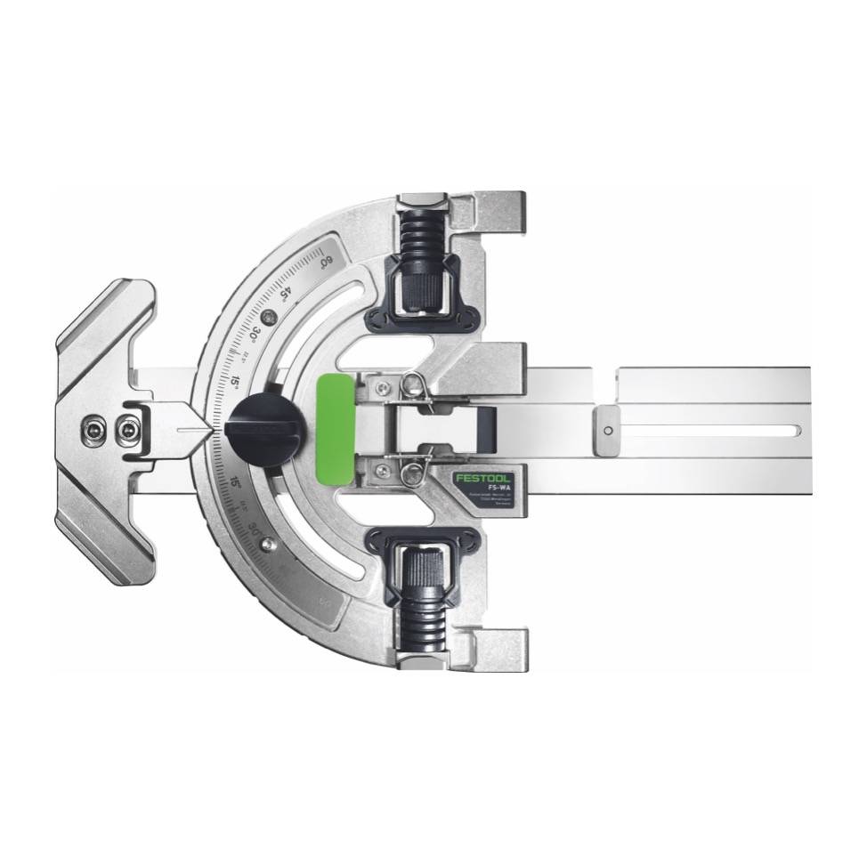 Festool LAB TSF-5' Gehrungsanschlag mit Winkelmesser-Skala, verstellbarem Arm und Spannvorrichtung für präzise Winkelschnitte auf einer Sägemaschine.
