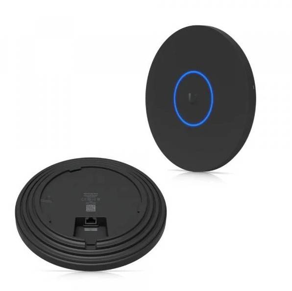 Ein schwarzes rundes Gerät mit einer blauen LED-Ringanzei­ge auf der Vorderseite, gezeigt aus zwei Blickwinkeln: Draufsicht mit Kreis, Unteransicht mit Anschlüssen.