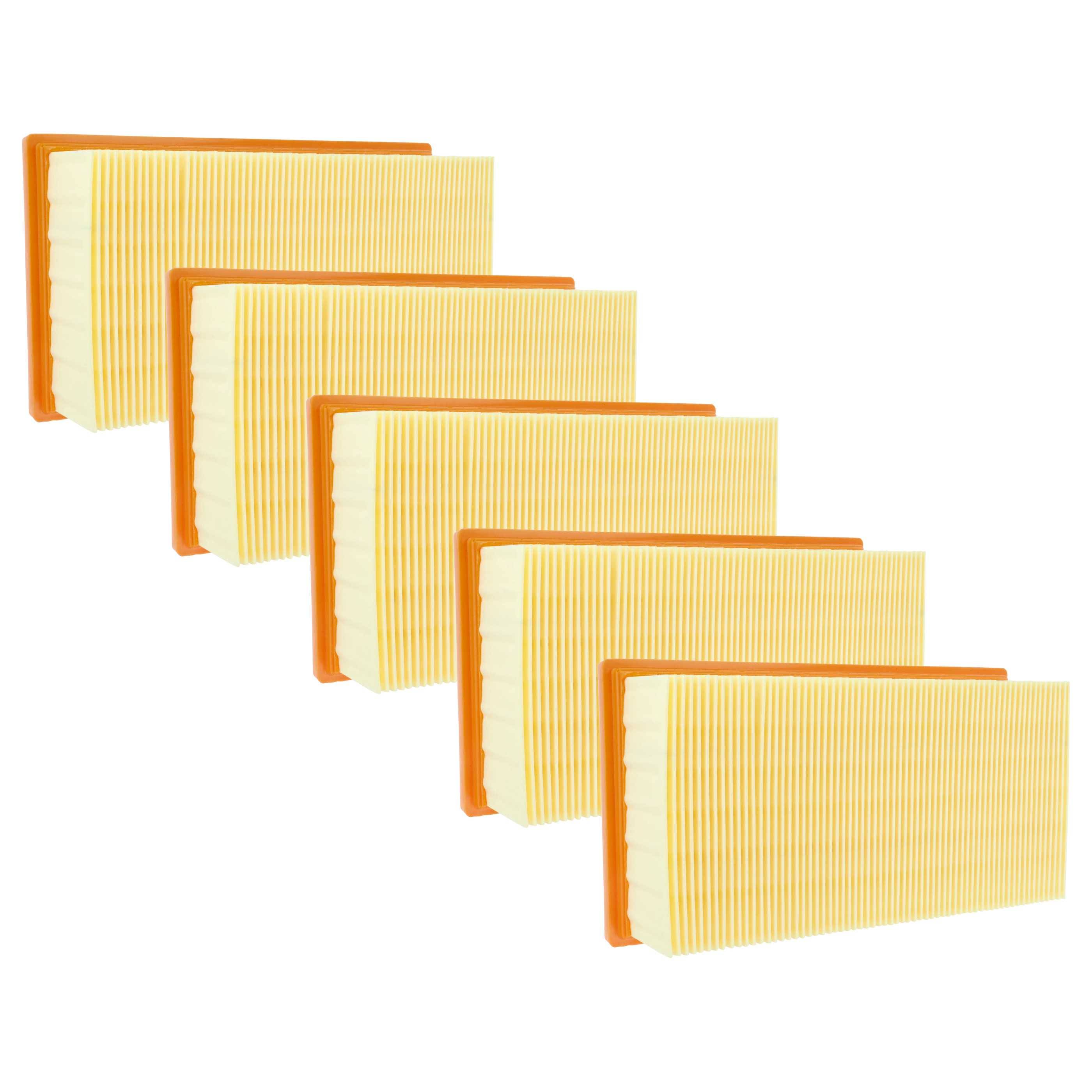 Fünf nebeneinander angeordnete rechteckige Luftfilter mit orangefarbenen Rahmen und gelben Faltenoberflächen.