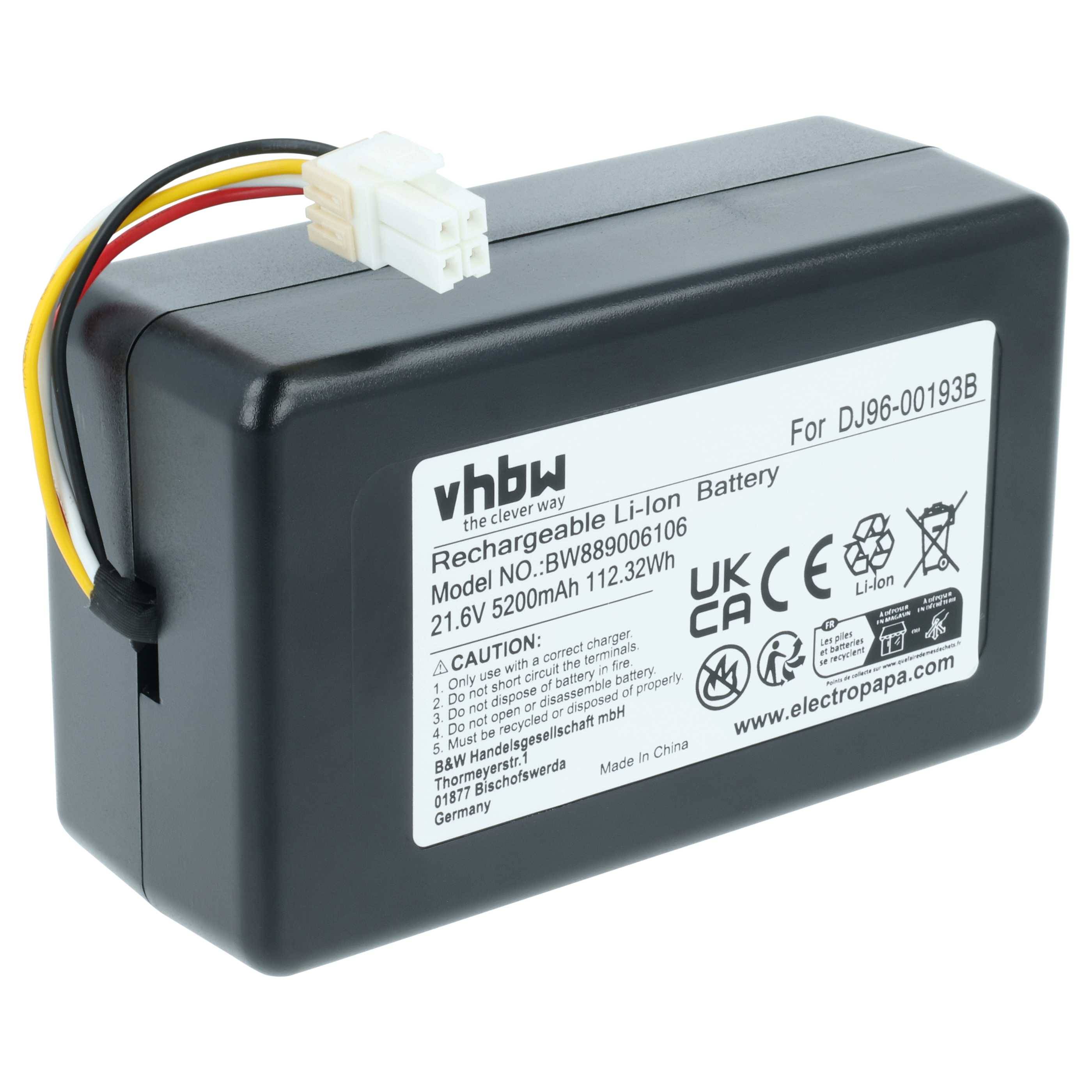 Aufladbare Li-Ionen-Batterie, Modell BW88006106, 21,6V, 5200mAh. Schwarzes Gehäuse mit gelben/roten Drähten, weißer Anschluss.