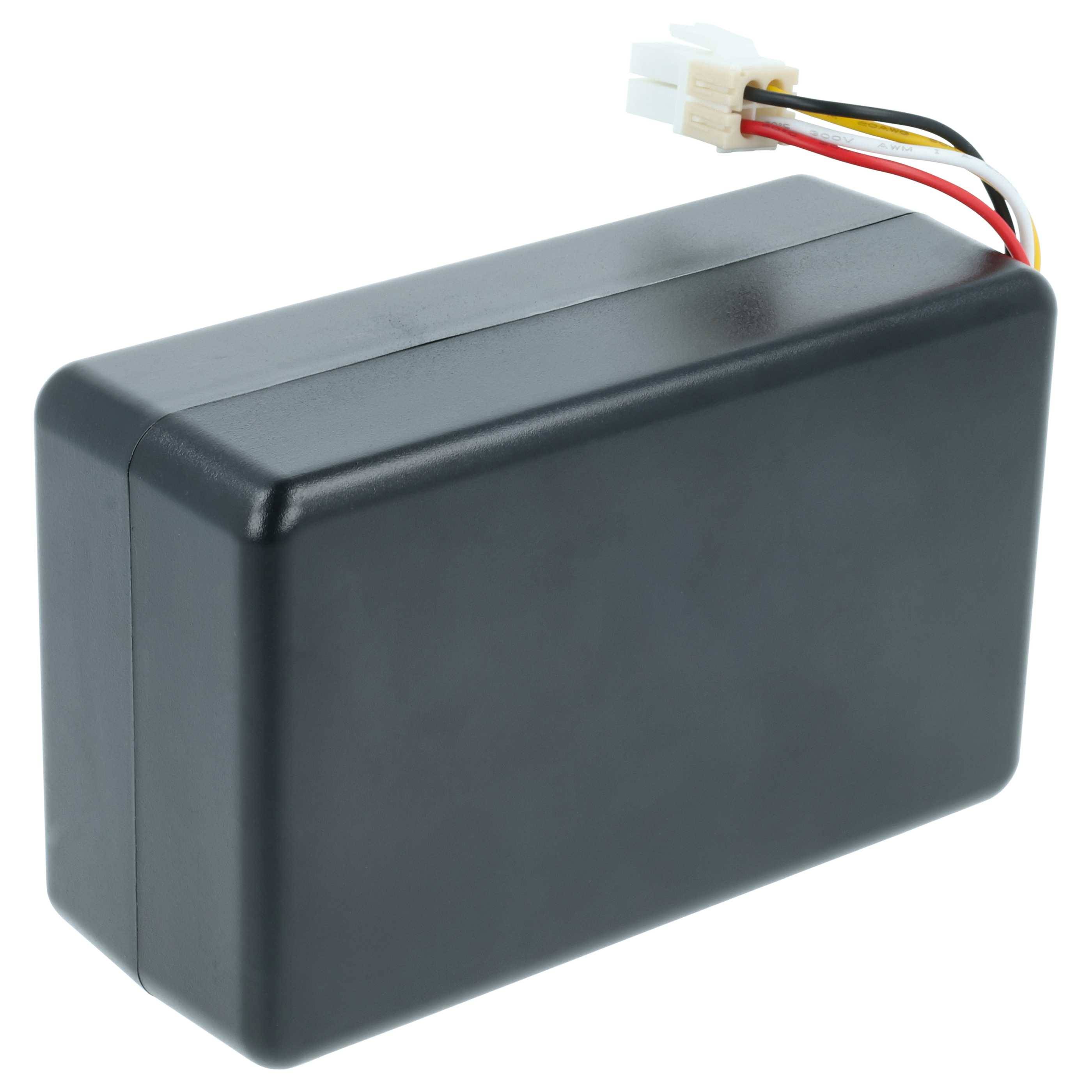 Ein schwarzes rechteckiges Batteriepak mit angebrachten roten, weißen, gelben und schwarzen Drähten, die in einen weißen Stecker münden, wird zur Stromversorgung verwendet.