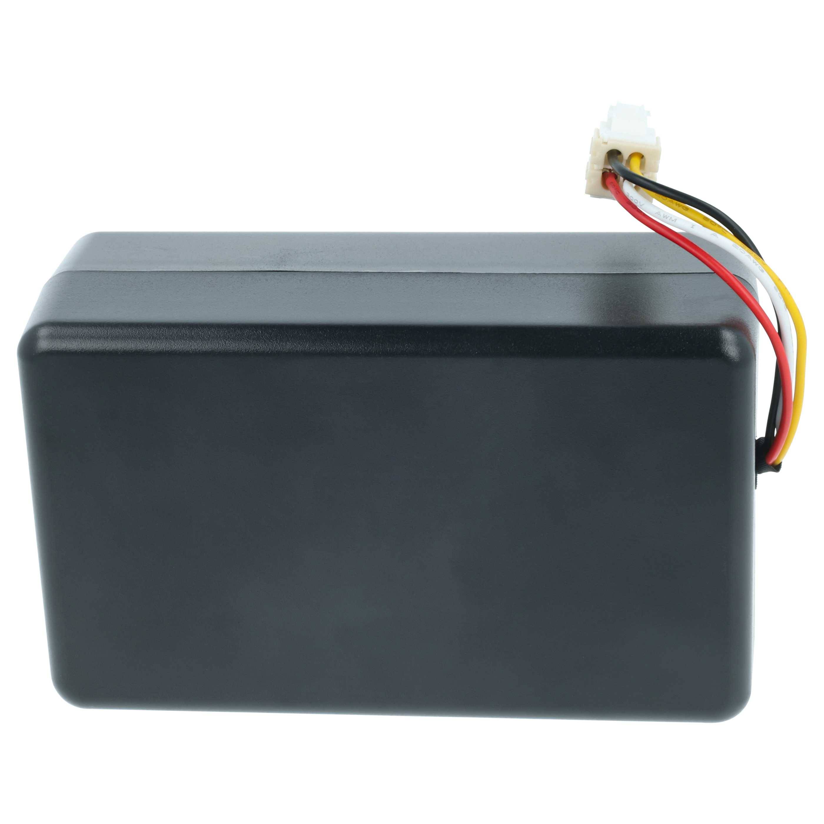 Ein schwarzes rechteckiges Batteriepack mit roten, gelben und schwarzen Drähten, die in einem weißen Stecker enden.