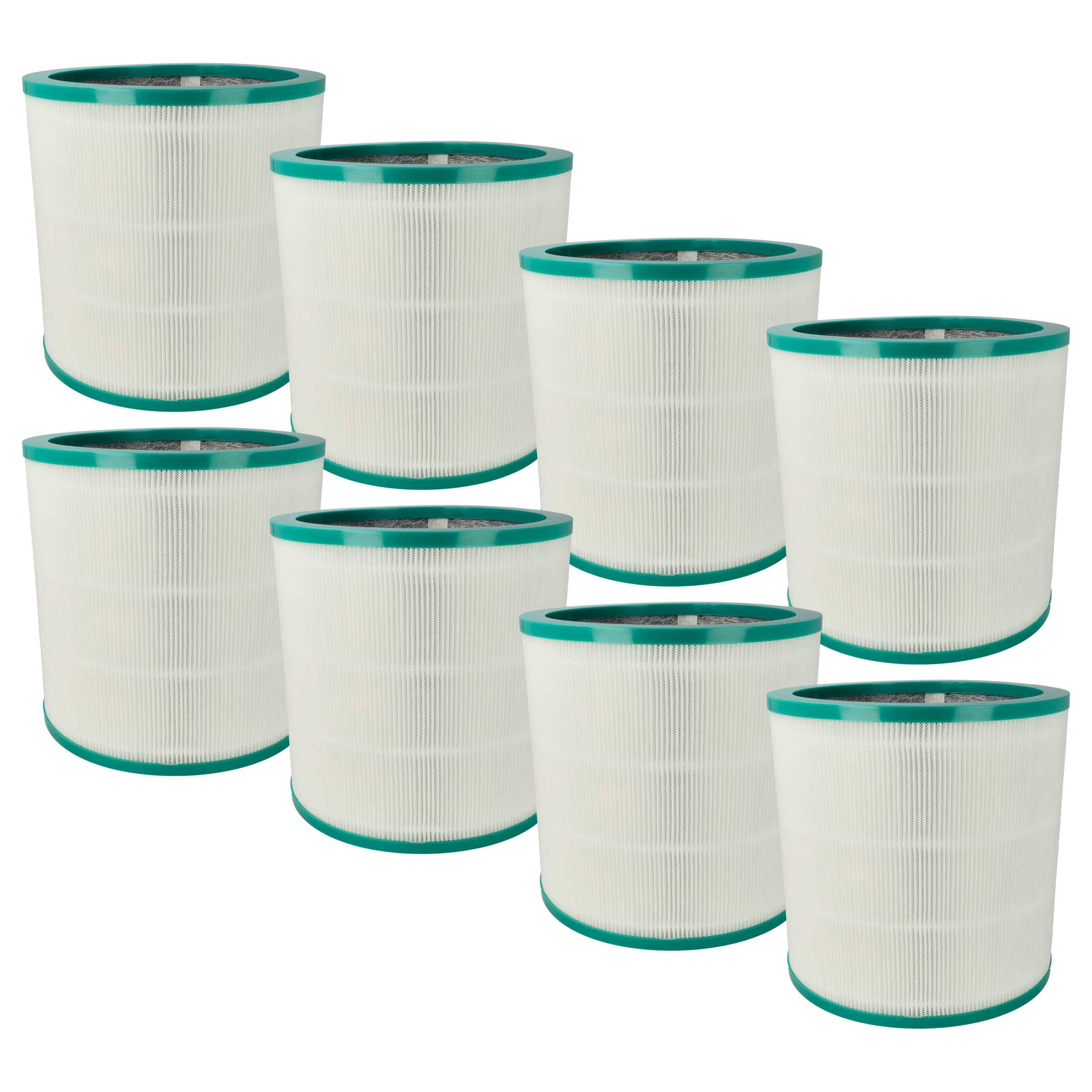 Acht zylindrische Luftfilter mit grünem Rand, angeordnet in zwei ungleichmäßigen Reihen.