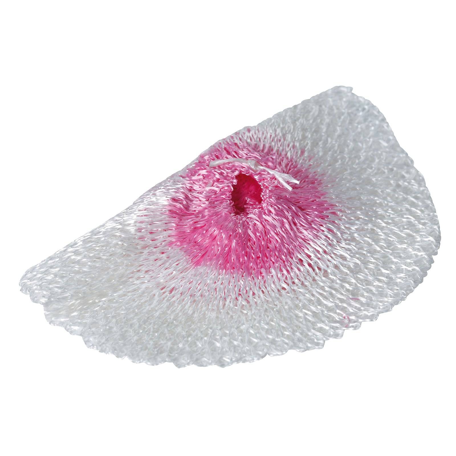 Eine weiße kreisförmige Gaze mit einem rosa zentralen Bereich, wahrscheinlich für medizinische Verbandsmittel oder Wundversorgung verwendet.