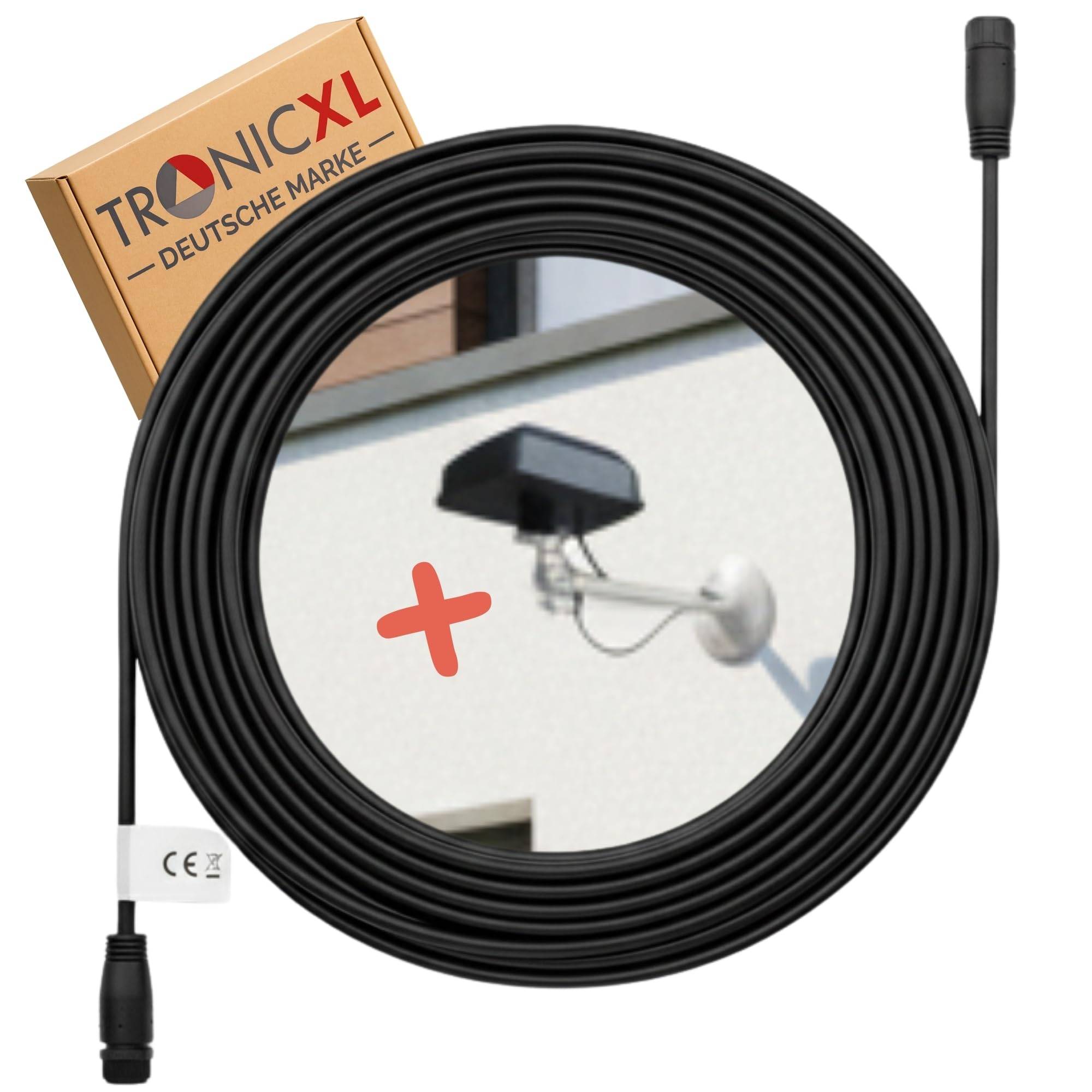 TronicXL-Markenkabel, kompatibel mit Außengeräten, ideal zur Erweiterung der Reichweite von Sicherheitskameras. Karton und Kabel abgebildet.