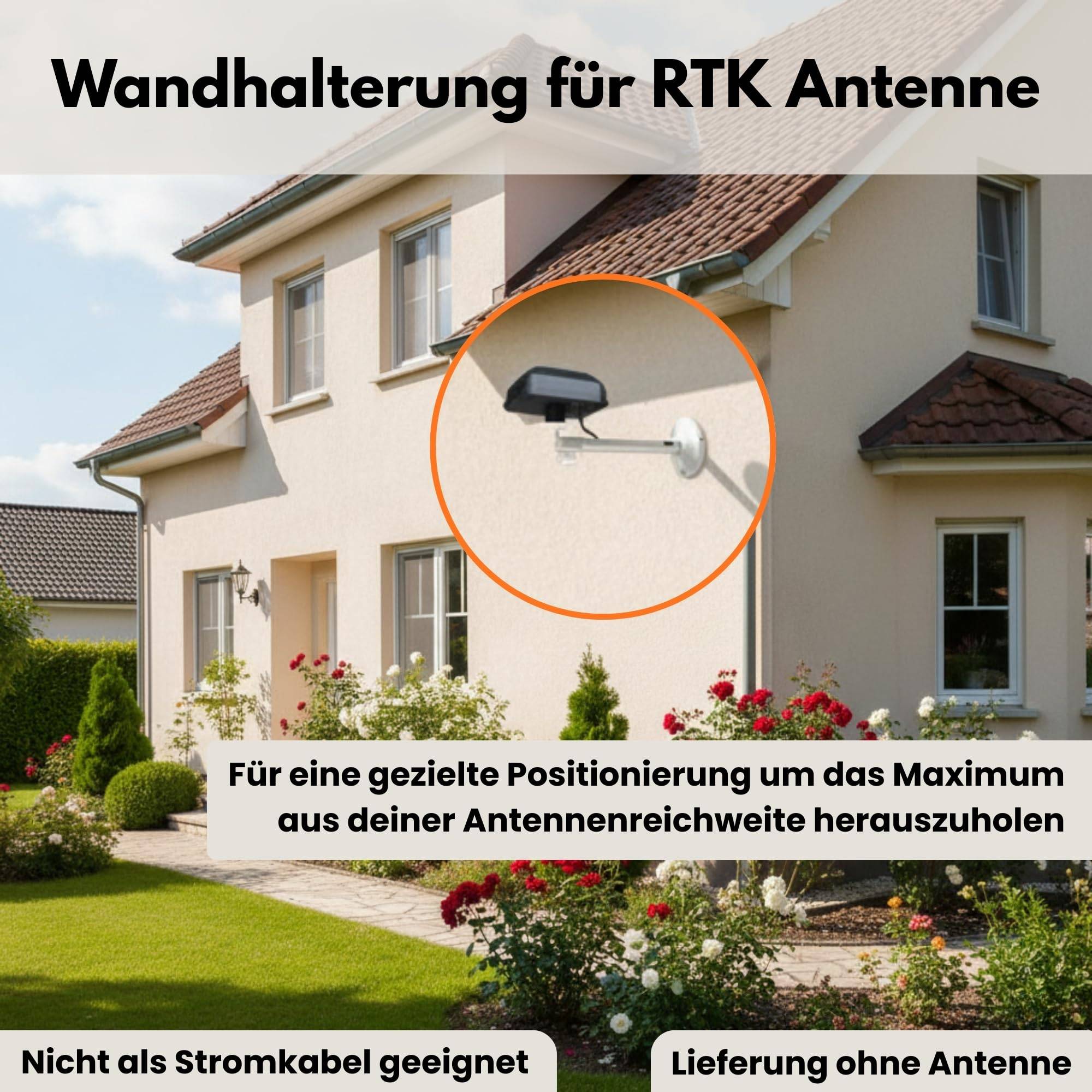 Ein Haus mit einer an der Wand montierten RTK-Antenne. Der Text hebt den Vorteil der Antenne hervor: optimale Reichweitenpositionierung und drahtlose Übertragung.