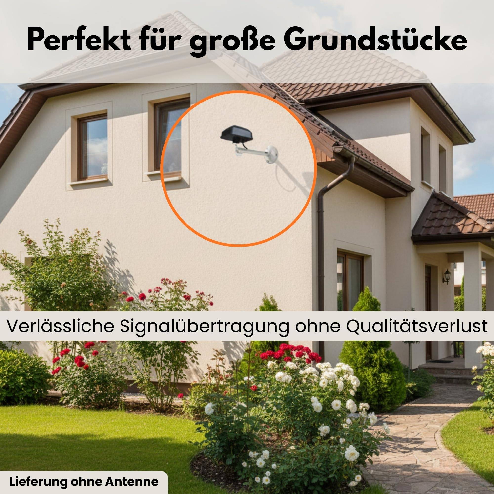 Ein Haus mit einer an der Wand montierten Kamera. Der Text lautet „Perfekt für große Grundstücke