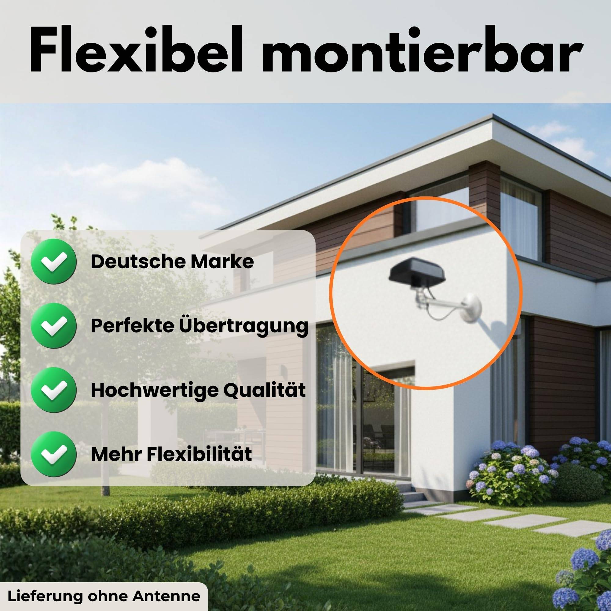 Modernes Hausäußeres mit Hecke und Treppen; Text hebt Produktmerkmale hervor: 'Deutsche Marke', 'Perfekte Übertragung', 'Hohe flexible Qualität'.