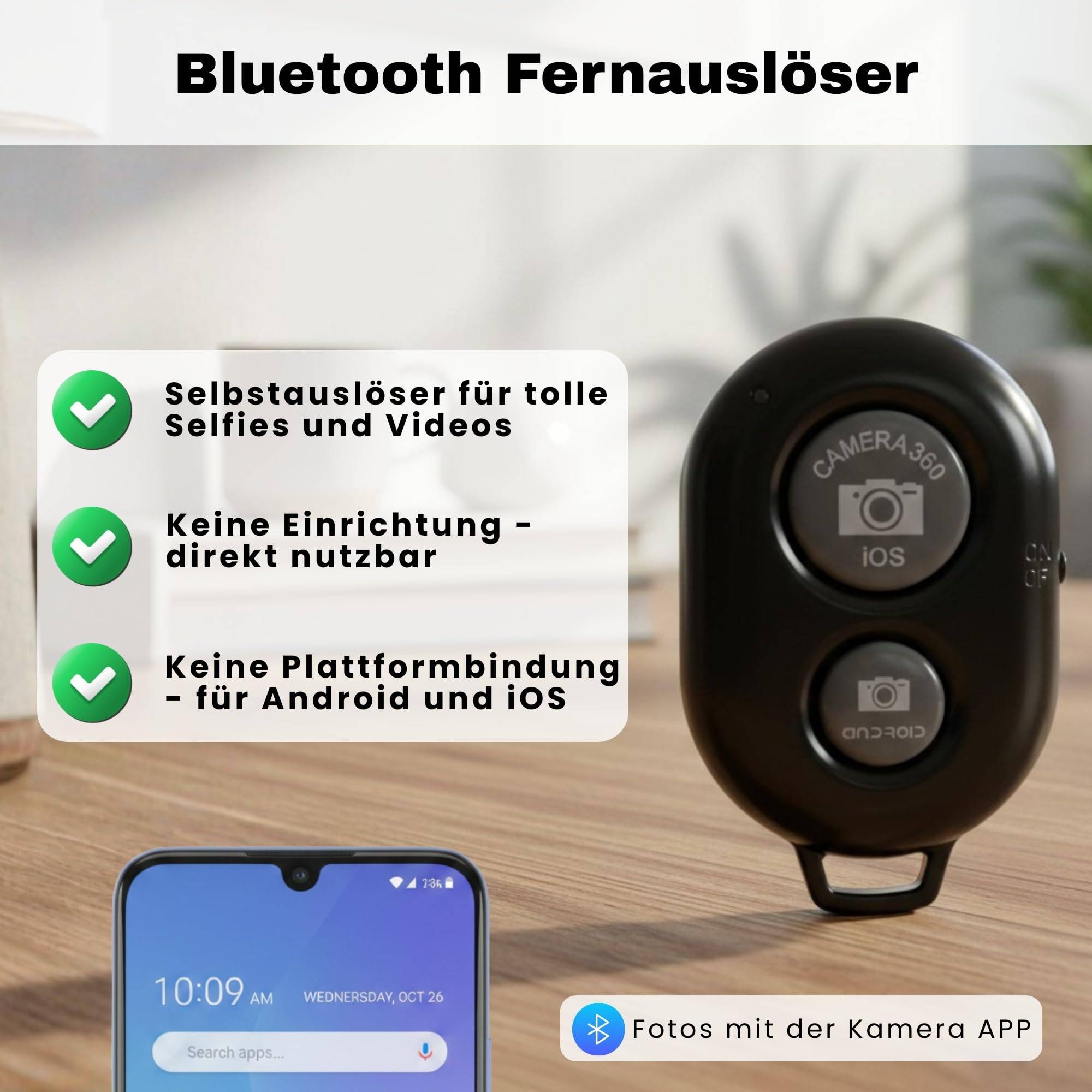 Eine Bluetooth-Fernbedienung zum Aufnehmen von Selfies und Videos, gezeigt mit einem Smartphone. Zu den Funktionen gehören keine erforderliche App, Kompatibilität mit Android und iOS.