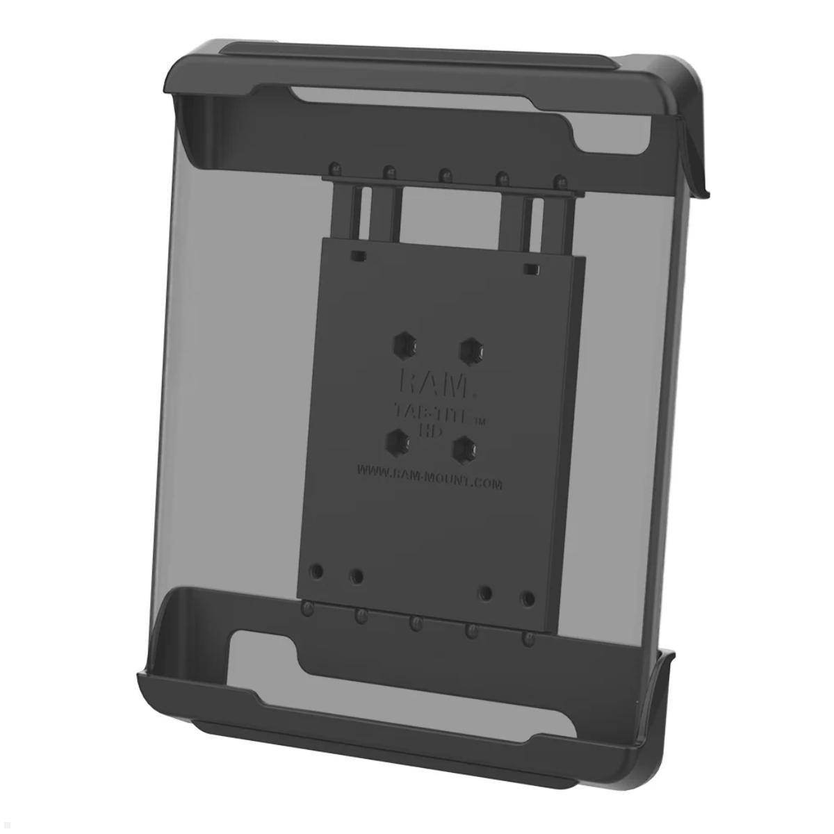 Tablet-Halterung mit schwarzem, offenem Rahmendesign, ermöglicht sichere Befestigung und einfachen Zugriff auf das Gerät.