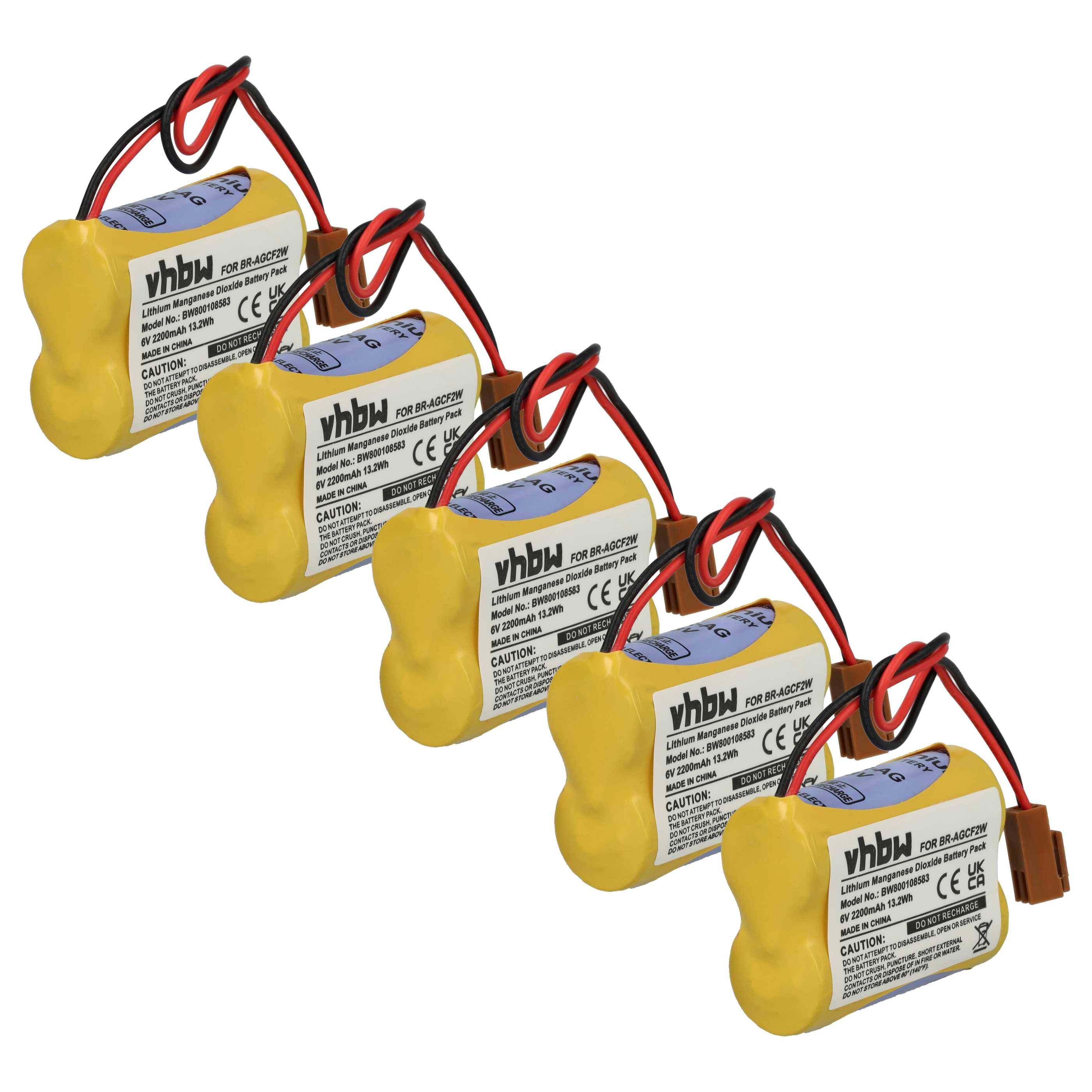 Fünf gelbe wiederaufladbare Batterien mit Verkabelung, gekennzeichnet mit „vhbw