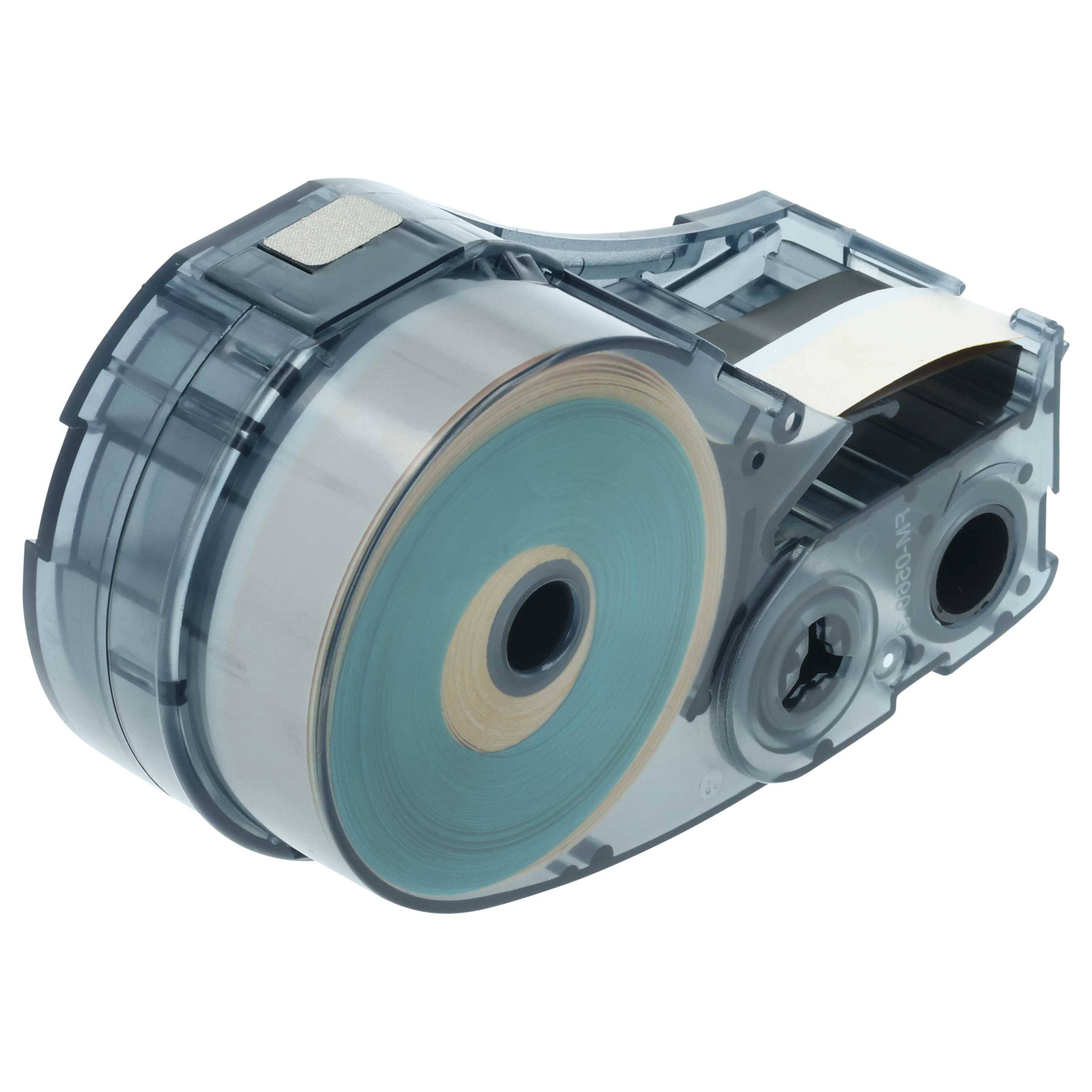 Kassette mit Etikettenband mit transparentem Gehäuse, die Rollen von Klebepapier und einen Kunststoffspulenmechanismus im Inneren zeigt.