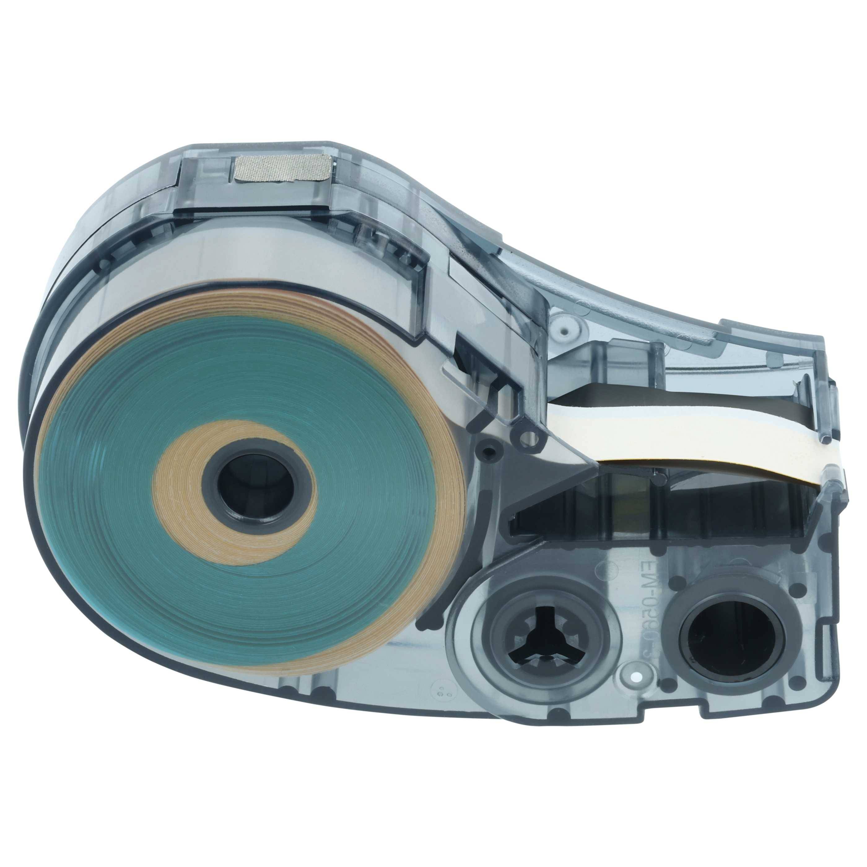 Etikettenspulenkartusche mit transparentem Gehäuse, das blaue und beige Etikettenchrollen im Inneren zeigt. Entwickelt zur Verwendung in Etikettendruckern.