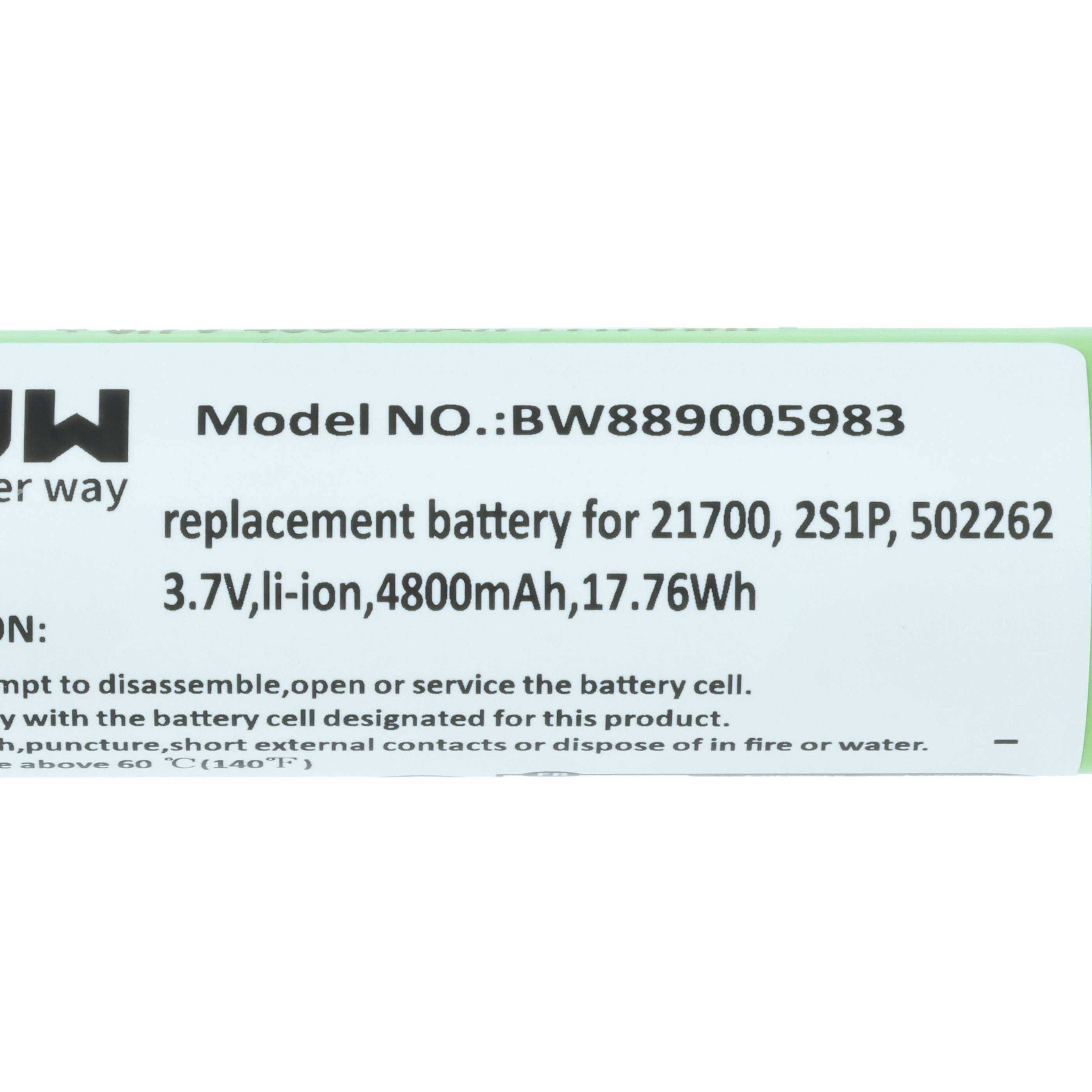 Batteriemodellnummer: BW889005983, Ersatztypen: 21700, 2S1P, 502262, Kapazität: 4800mAh, 17,76Wh, 3,7V, Li-Ion.