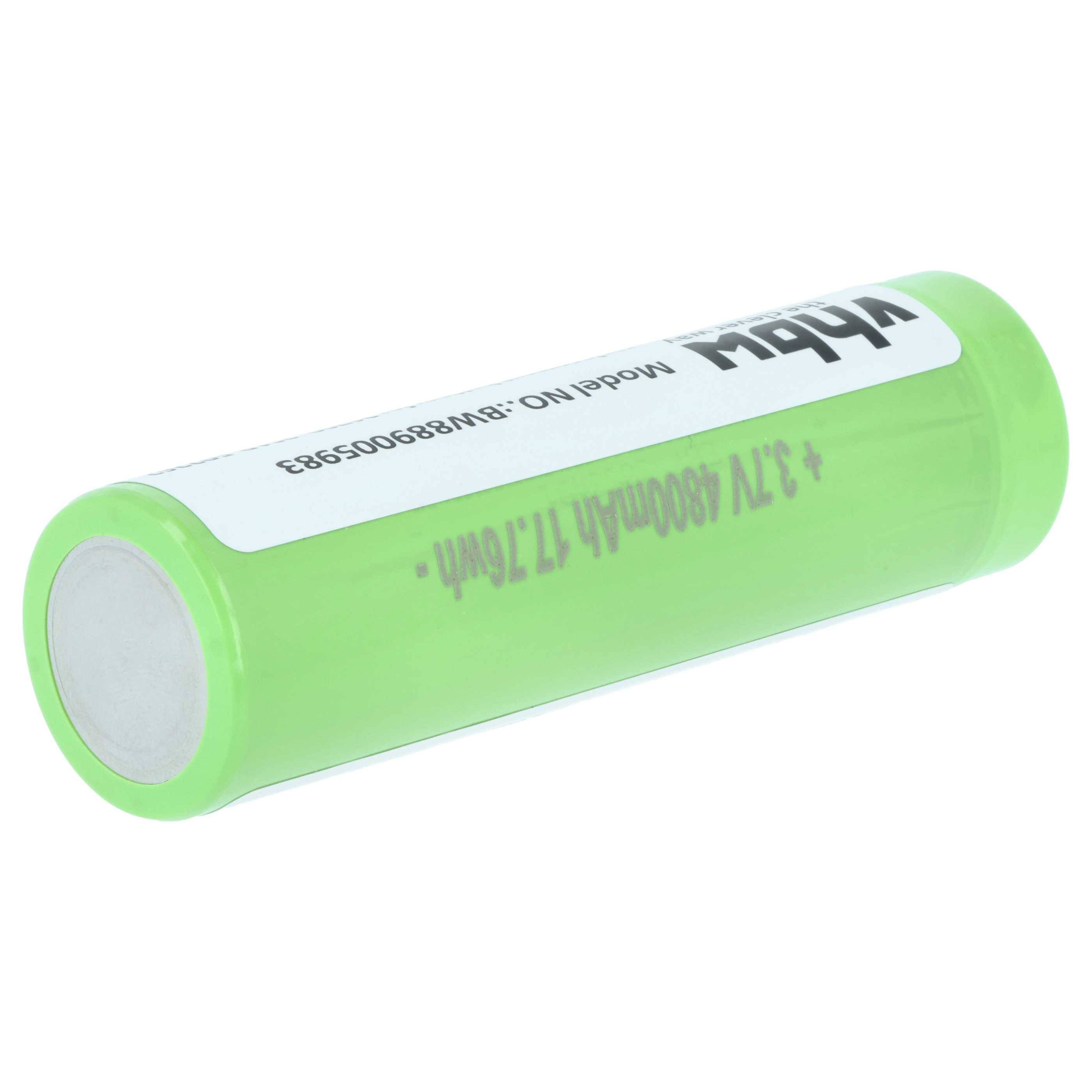 Eine grüne zylindrische Batterie mit einer Beschriftung, Modellinformationen und Kapazitätsangaben. Die Batterie wird zum Betreiben von elektronischen Geräten verwendet.
