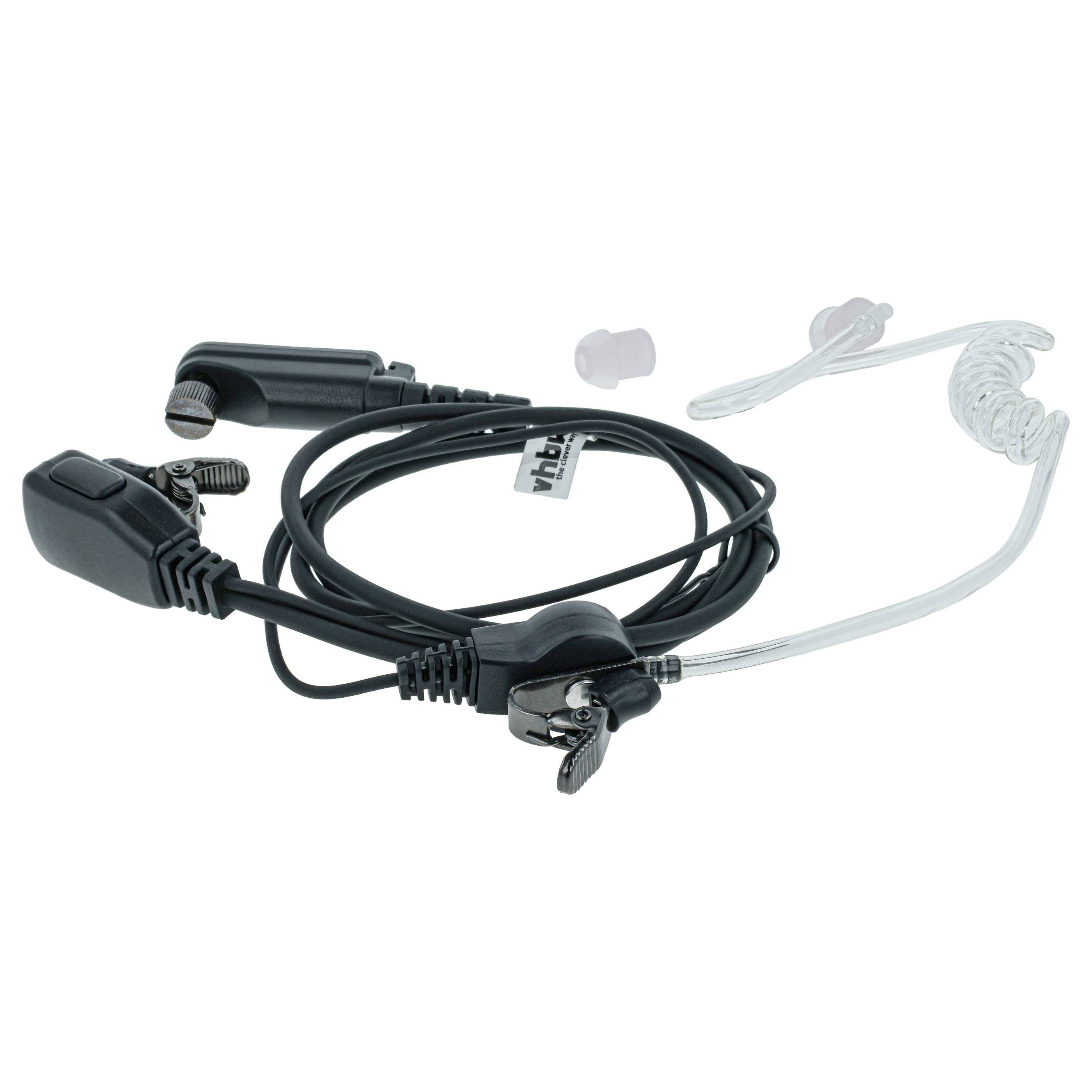 Ein aufgerolltes Überwachungs-Ohrhörer mit klarem akustischen Schlauch, schwarzem Clip-on-Lautsprecher und Anschluss, verwendet für diskrete Kommunikation.