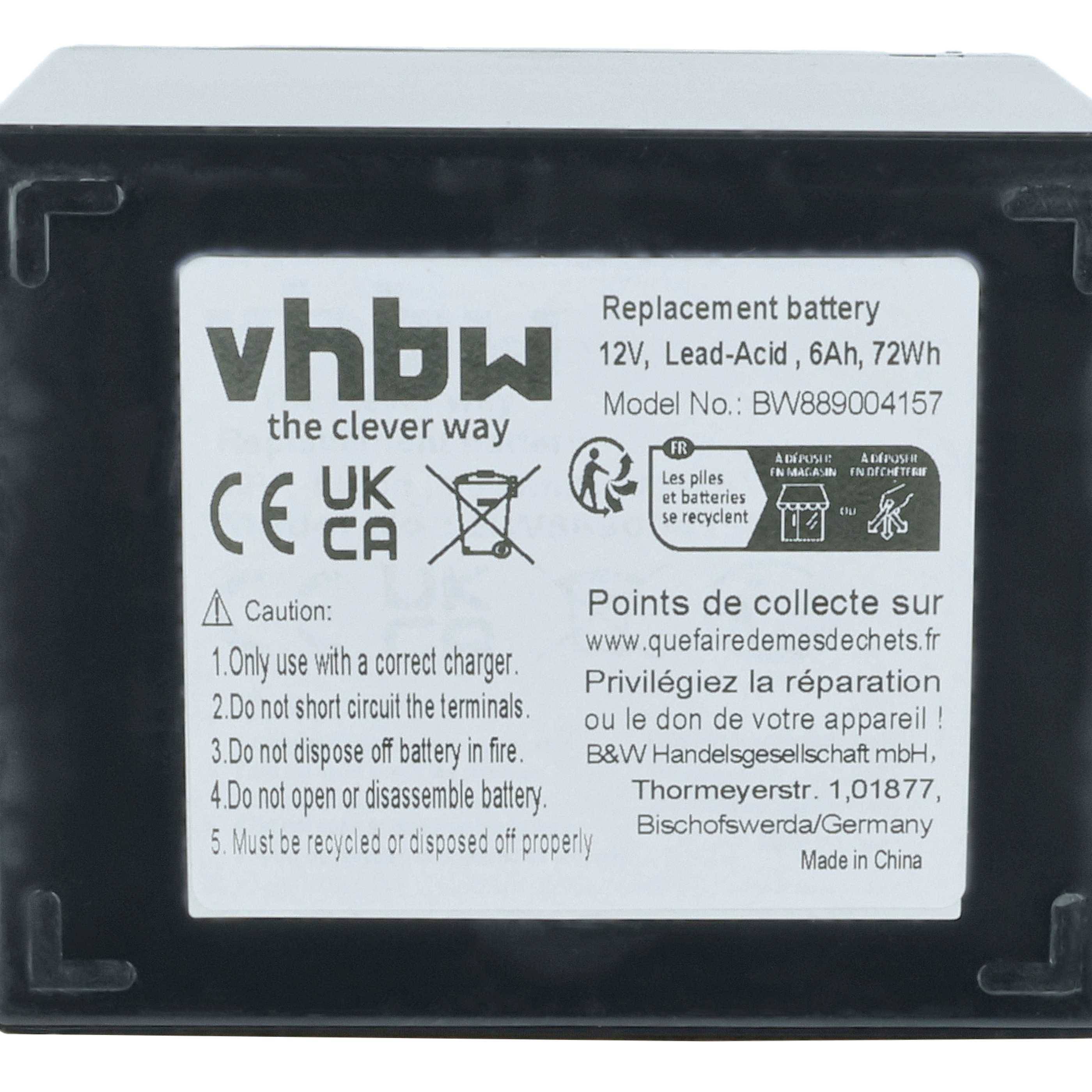 vhbw Batterie-Etikett mit Warn- und Sicherheitshinweisen sowie Kontaktinformationen. 12V, 6Ah, 72Wh. Hergestellt in China, EU-Kontakt in Bischofswerda, Deutschland.