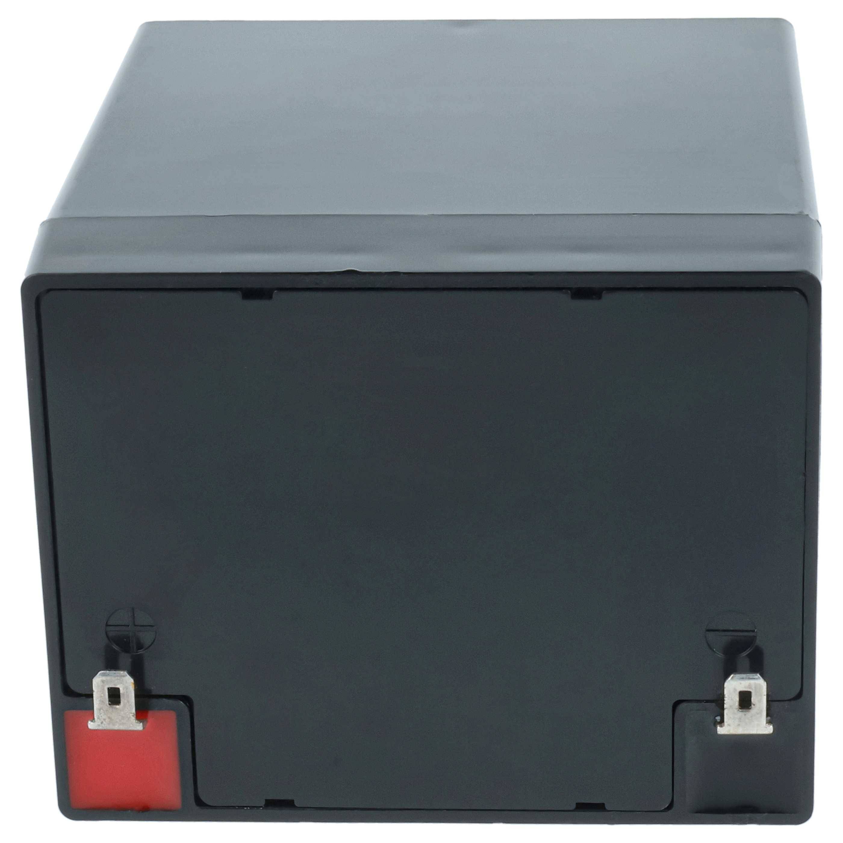 Eine schwarze rechteckige Batterie mit zwei Metallklemmen, eine rote Sicherung und eine einfache Frontansicht, typischerweise zum Betrieb elektronischer Geräte verwendet.