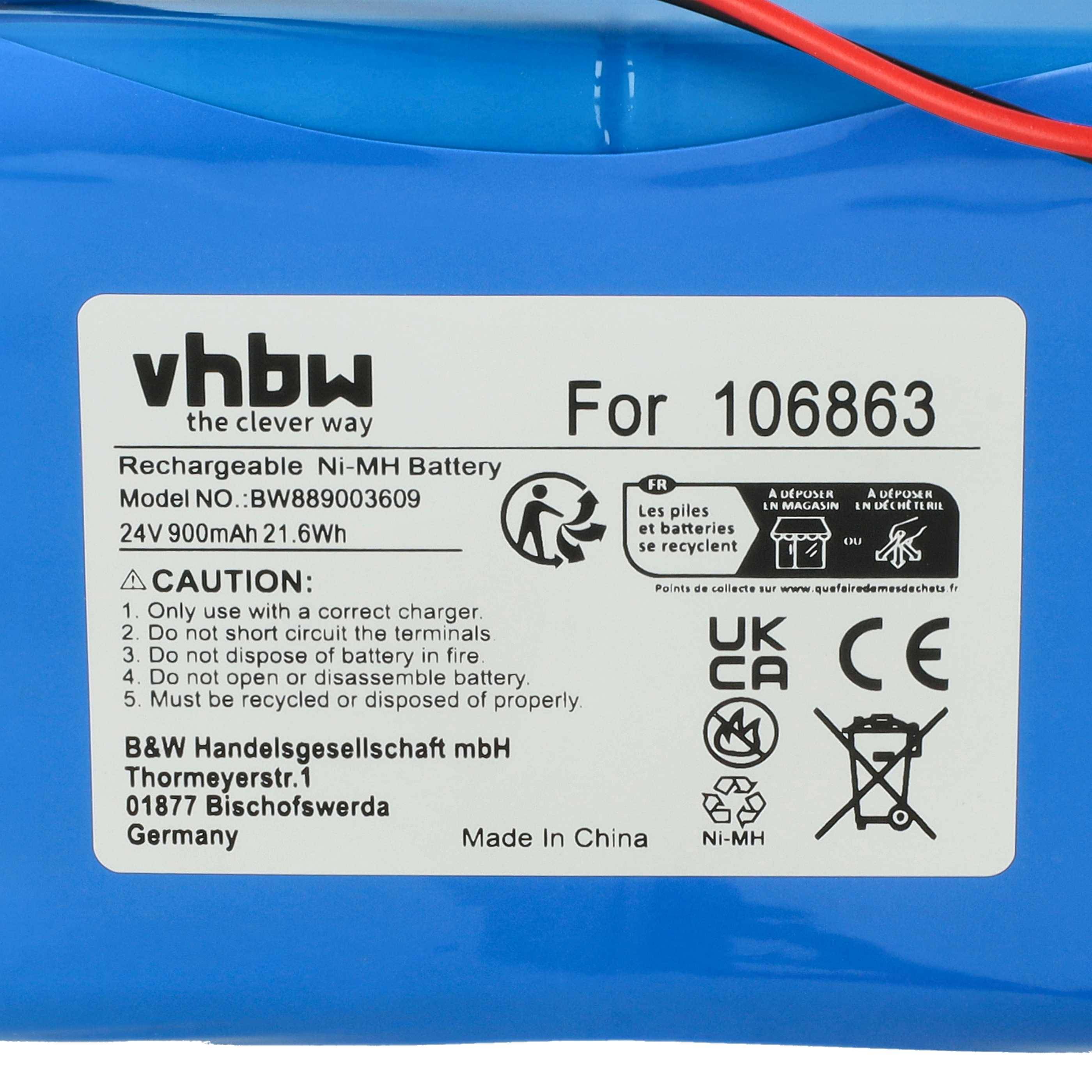 vhbw, die clevere Art' wiederaufladbarer Ni-MH Akku, 24V 900mAh 21,6Wh. Piktogramme beinhalten Recycling-, EU-Konformitäts- und Warnsymbole.
