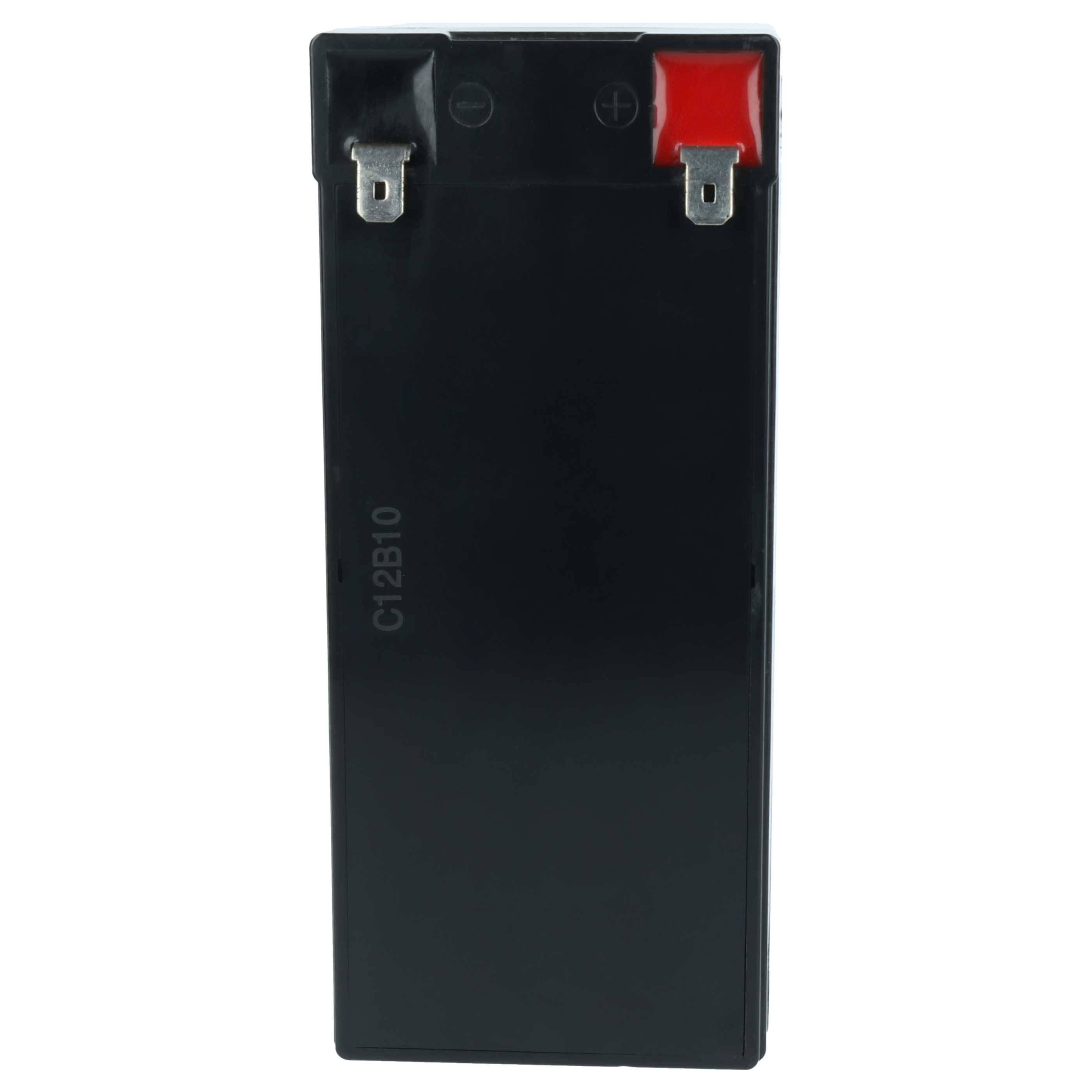 Eine schwarze rechteckige Batterie mit positiven und negativen Anschlüssen oben, beschriftet mit „C12B10