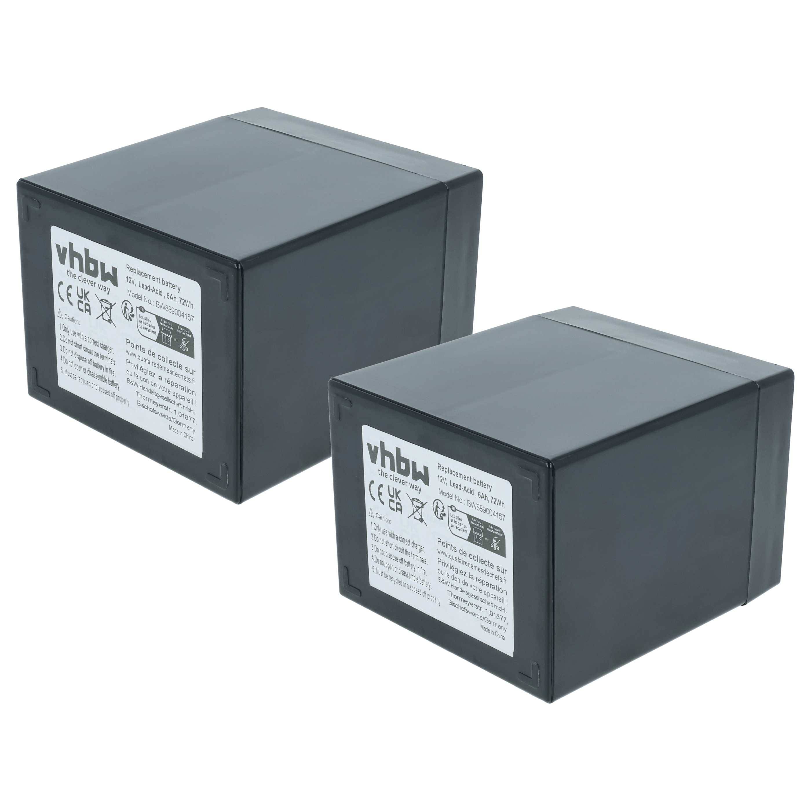 Zwei schwarze VBW VB-99 Batterien, jede mit einem sichtbaren Etikett, das technische Spezifikationen und Zertifizierungslogos in weißem Text zeigt.