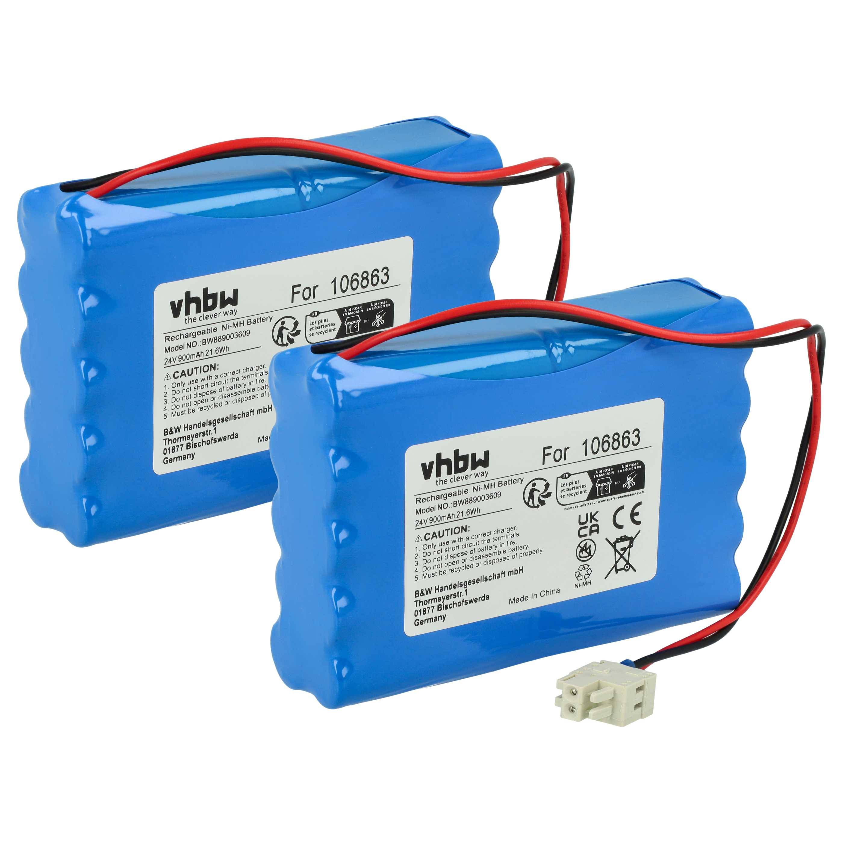 Zwei blaue wiederaufladbare Akkupacks mit roten und schwarzen Kabeln; Etiketten zeigen die Marke „vhbw