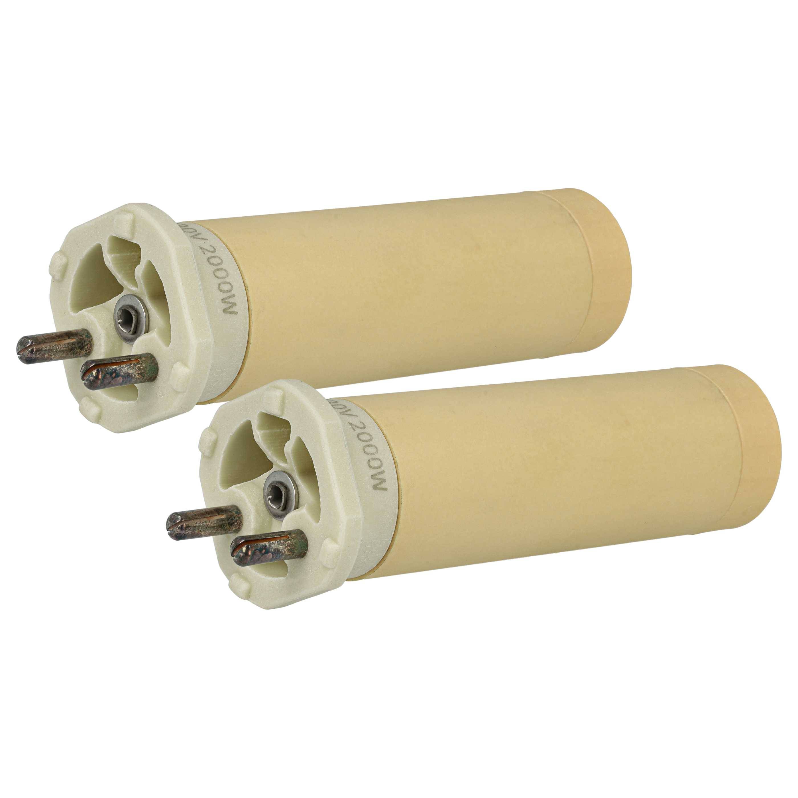 Zwei beige Rollladenmotor mit Metallstangen und weißen Endkappen, die parallel zueinander positioniert sind, vor einem einfachen Hintergrund.
