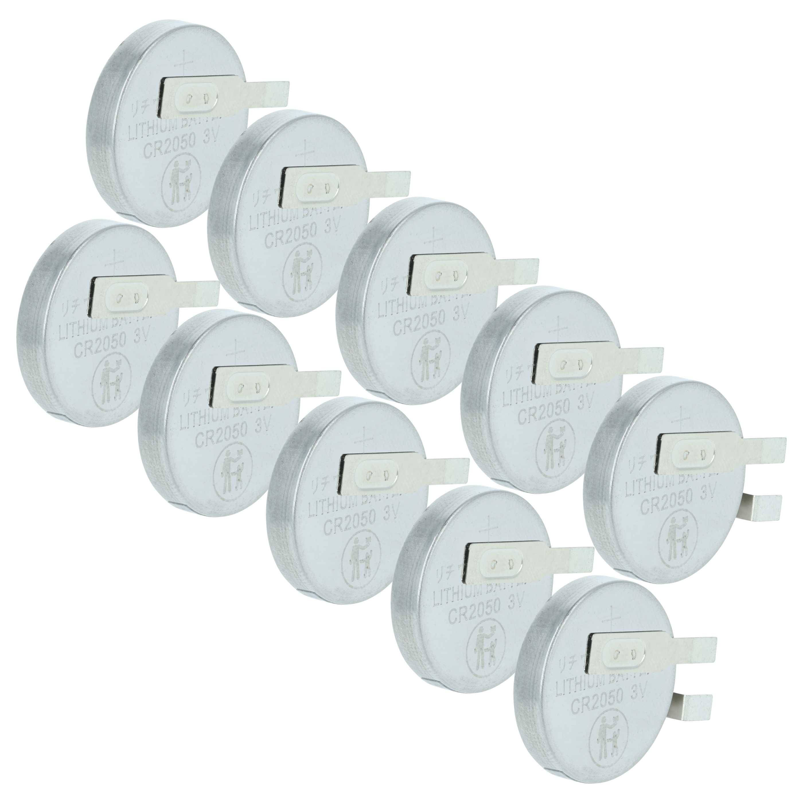 Zehn runde, silberfarbene Lithium-Knopfzellen, jede mit der Aufschrift „CR2032 3V