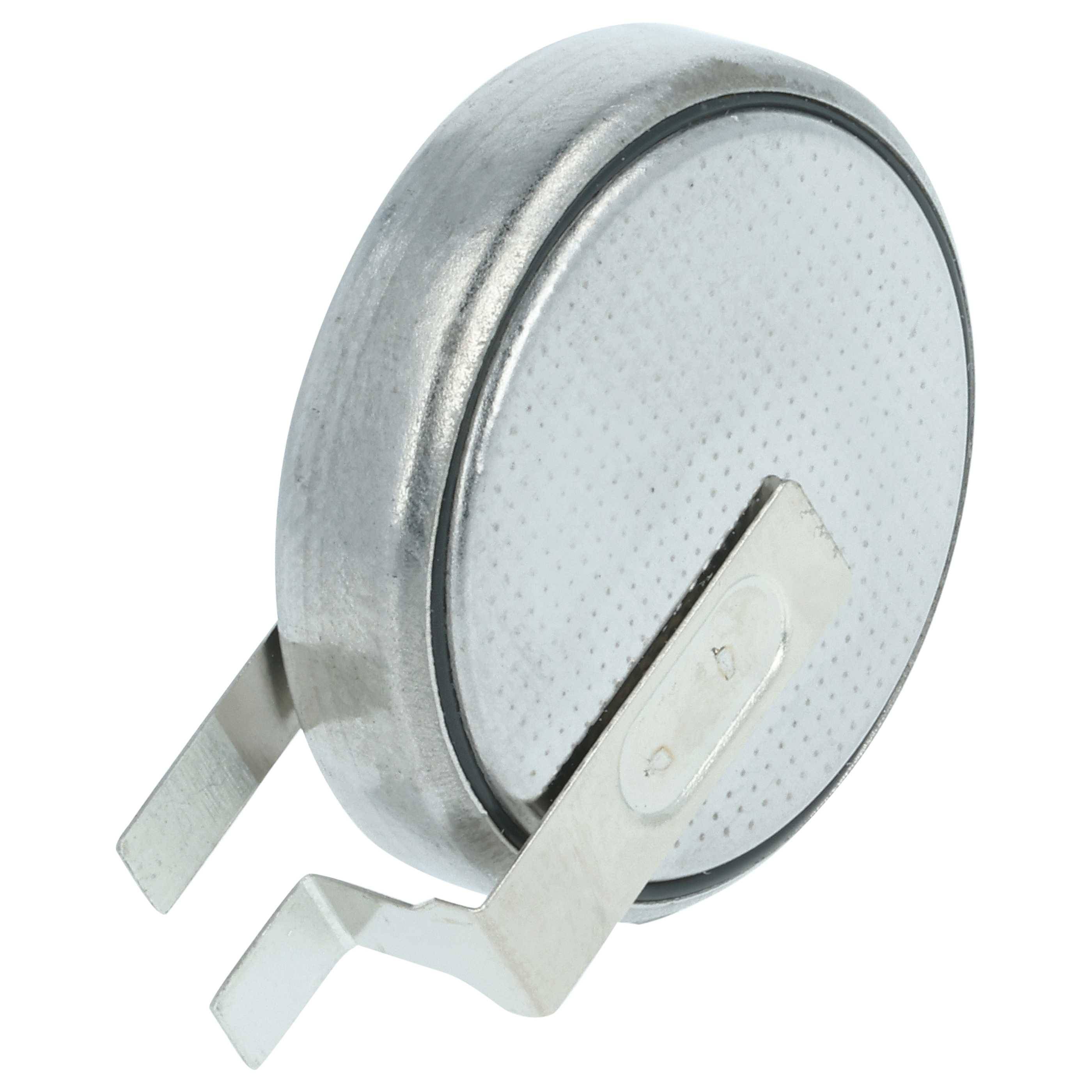 CR2032-Knopfzellenbatterie mit zwei Metallfahnen auf einer Seite zur Montage oder zum Anschluss an eine Leiterplatte.