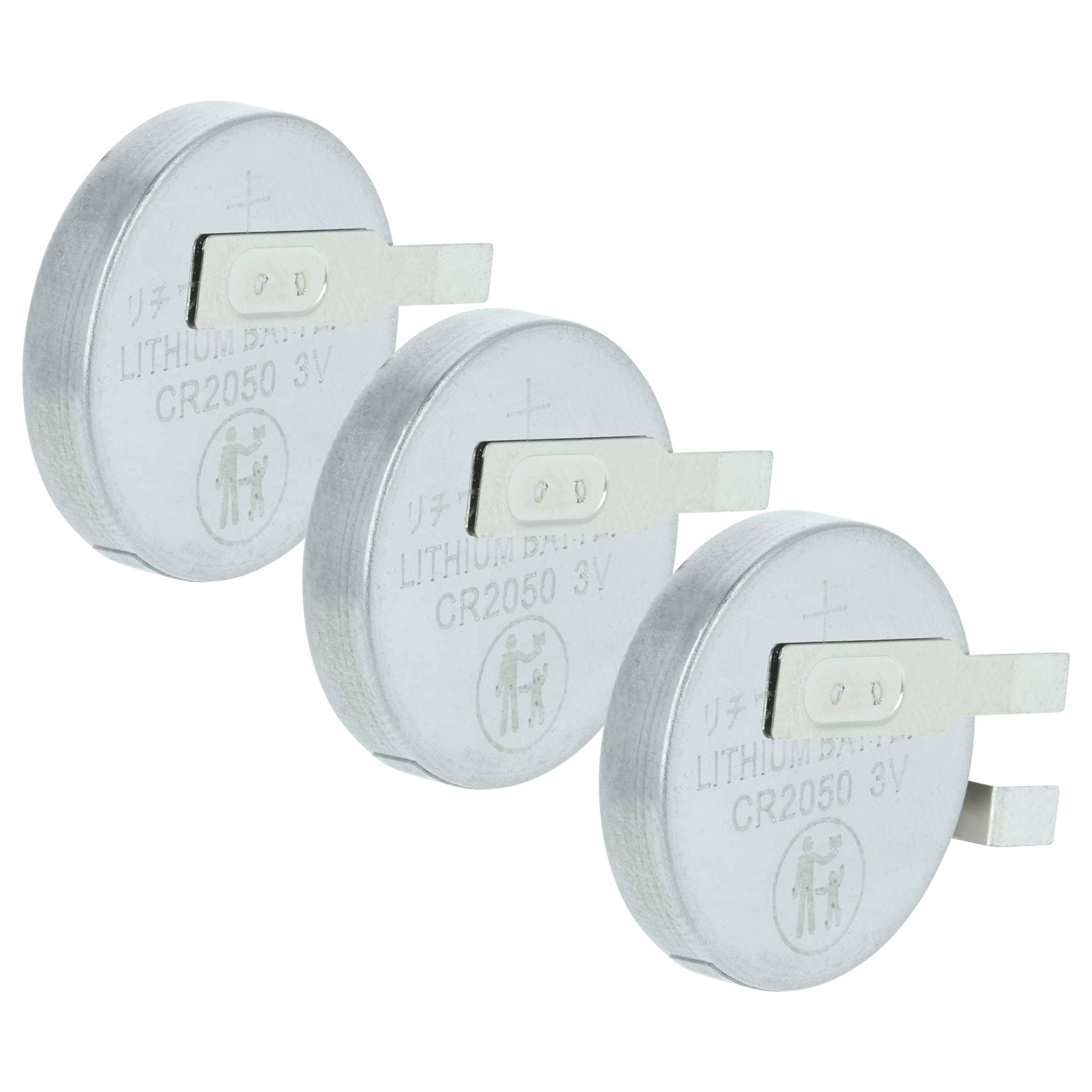 Drei Lithium-CR2050-Knopfzellenbatterien mit Laschen, die ihre positiven Seitenmarkierungen zeigen.