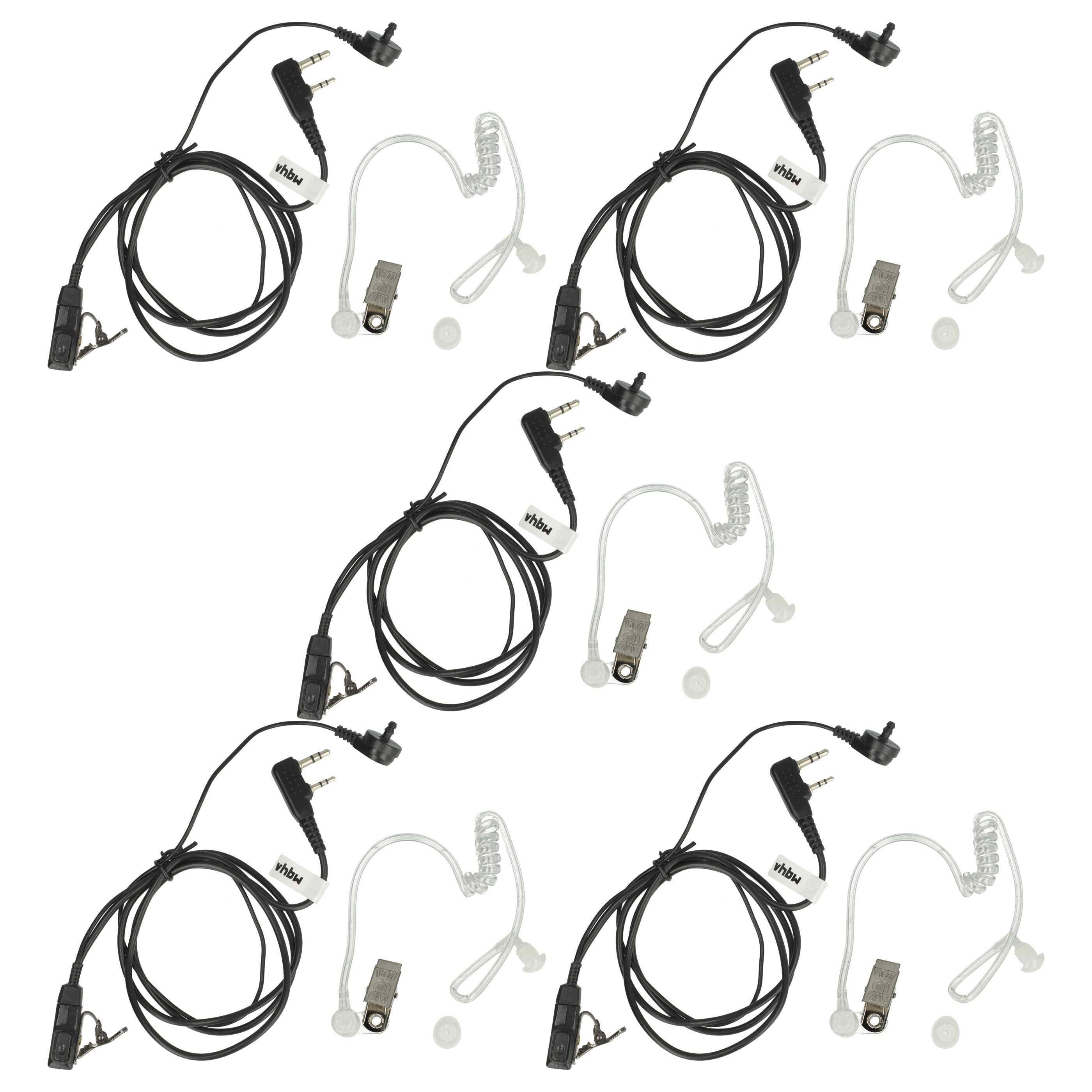 Fünf Sätze von aufgewickelten Ohrstöpseln mit Steckern und Schallschläuchen, symmetrisch angeordnet, geeignet für Kommunikationsgeräte.