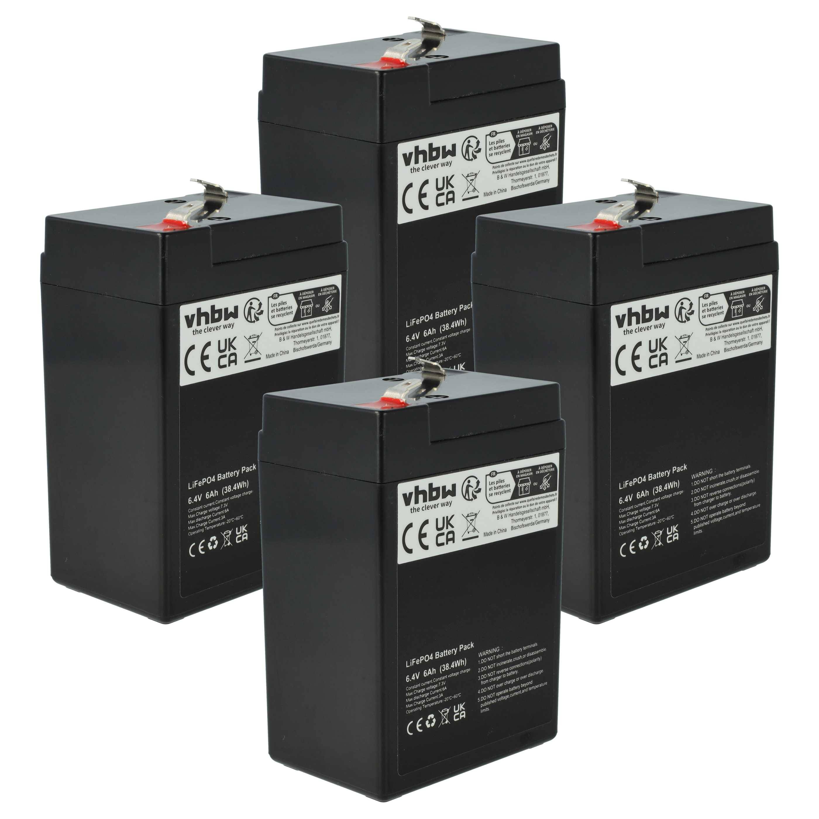 Vier schwarze vhbw-Markenbatterien, jede mit Sicherheitszertifizierungsetiketten und Spezifikationen versehen, was darauf hinweist, dass sie wiederaufladbar sind.