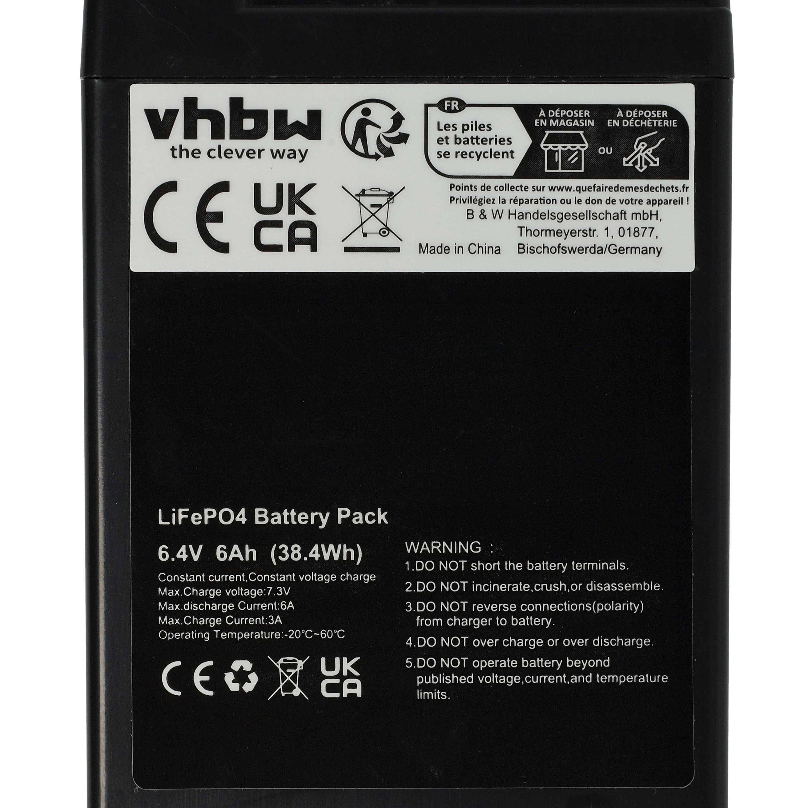 Batteriepack mit 6,4V, 6Ah Spezifikationen, Sicherheitswarnungen, Recycling-Symbolen, CE- und UKCA-Konformitätslogos, hergestellt in China.