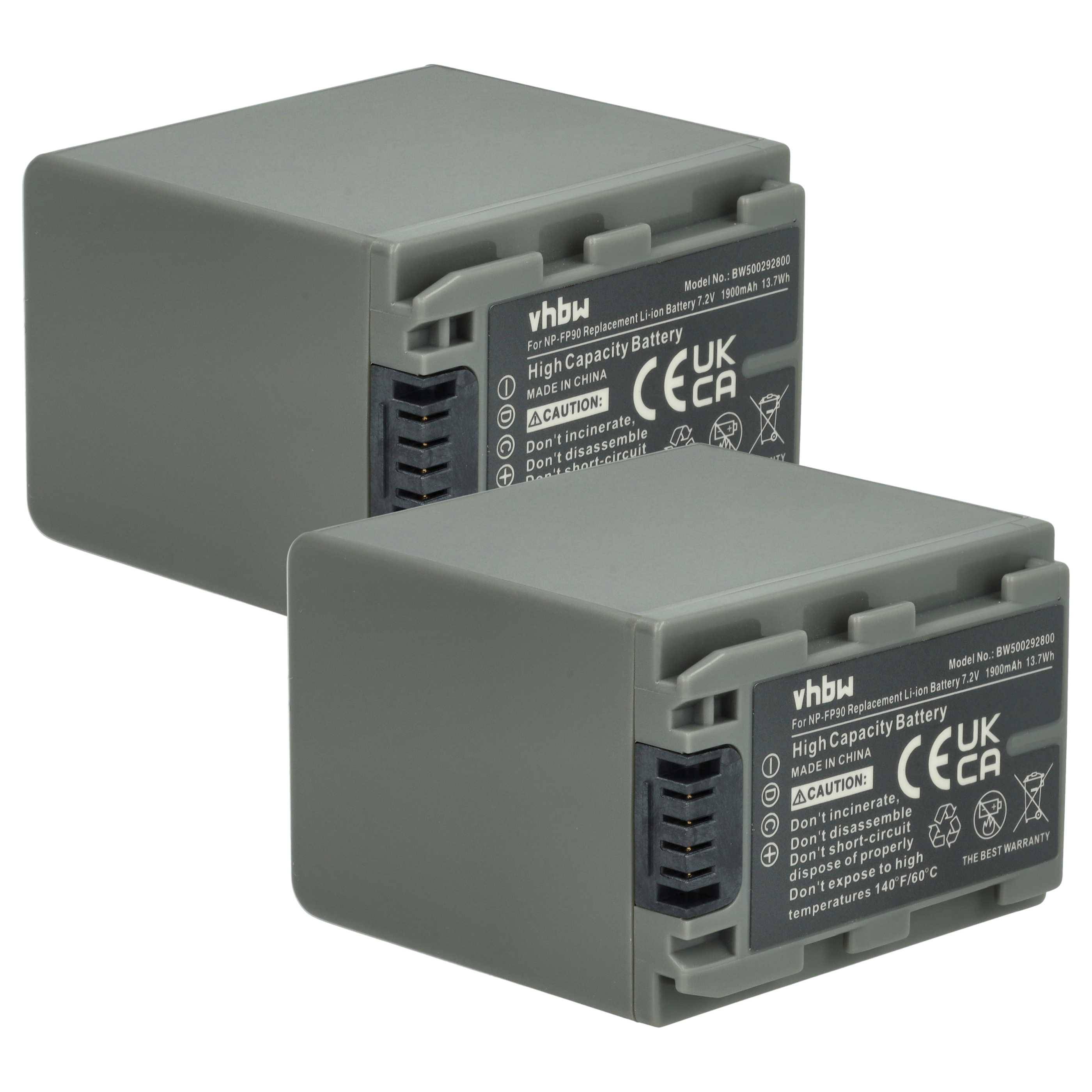 Zwei graue Hochleistungsbatterien mit Etiketten, die technische Spezifikationen anzeigen, einschließlich Spannung und Kapazität, nebeneinander angeordnet.