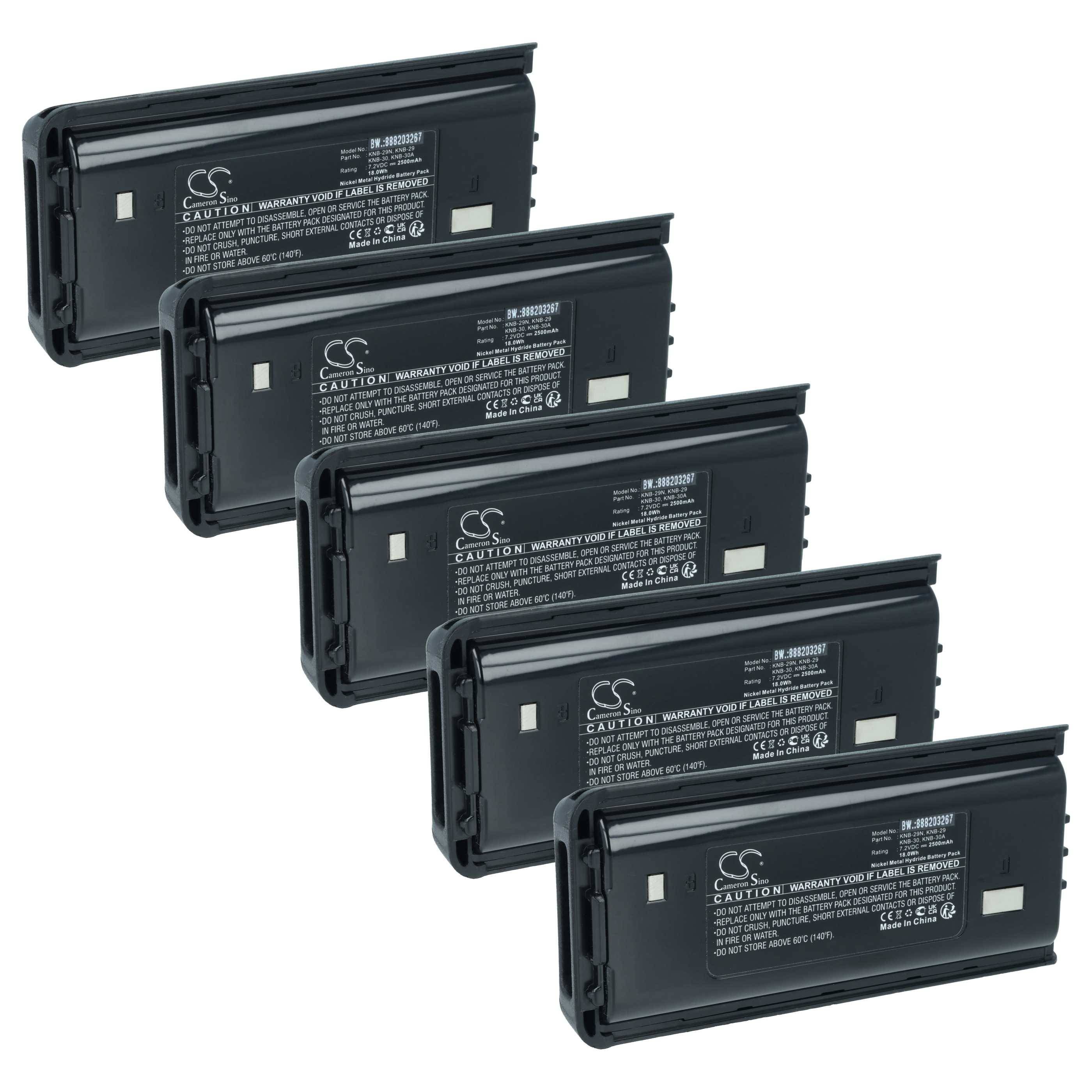 Fünf schwarze wiederaufladbare Batterien in versetzter Reihe, mit Sicherheits- und Zertifizierungskennzeichnungen. Verwendet für elektronische Geräte.