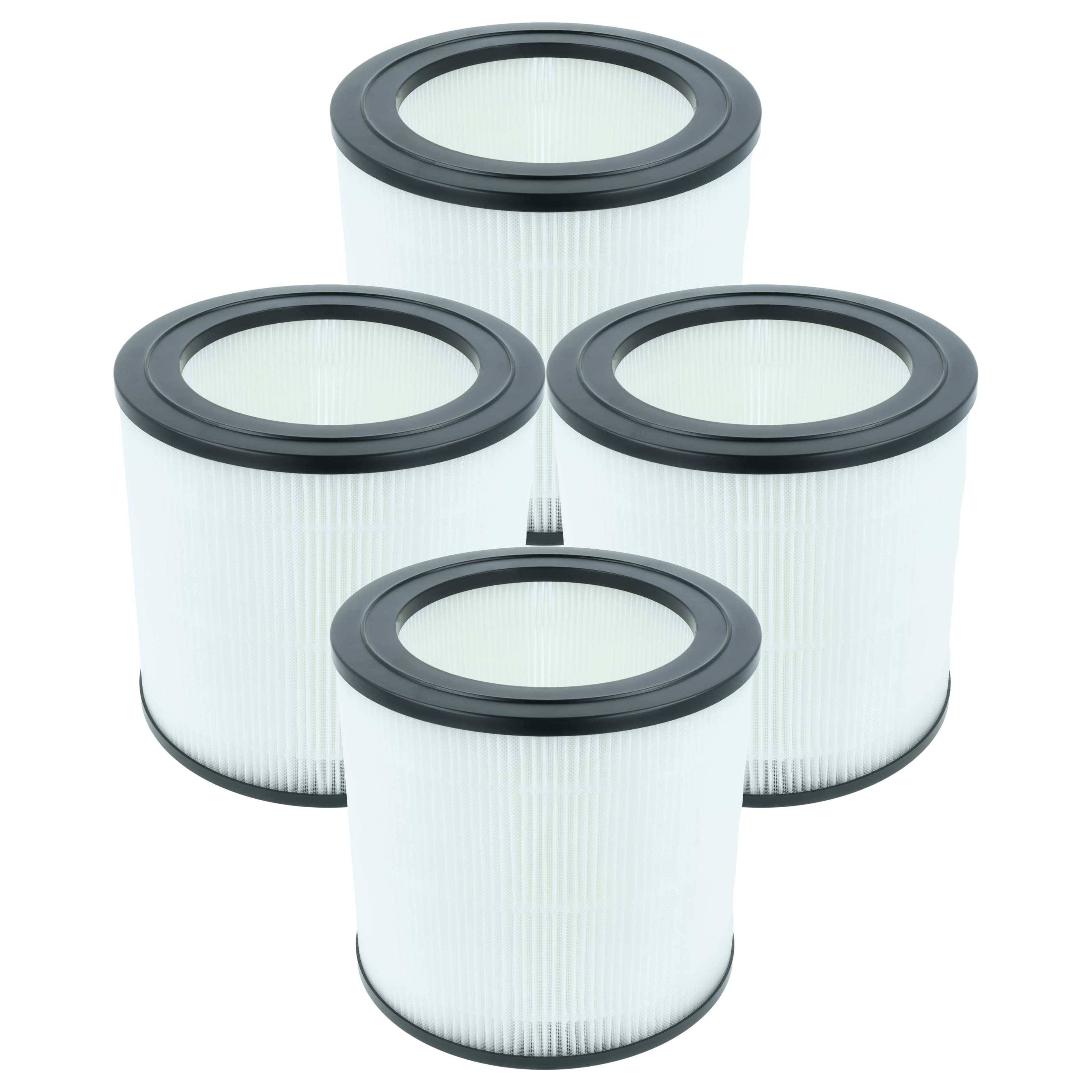 „Vier weiße zylindrische Luftfilter mit schwarzen Rändern