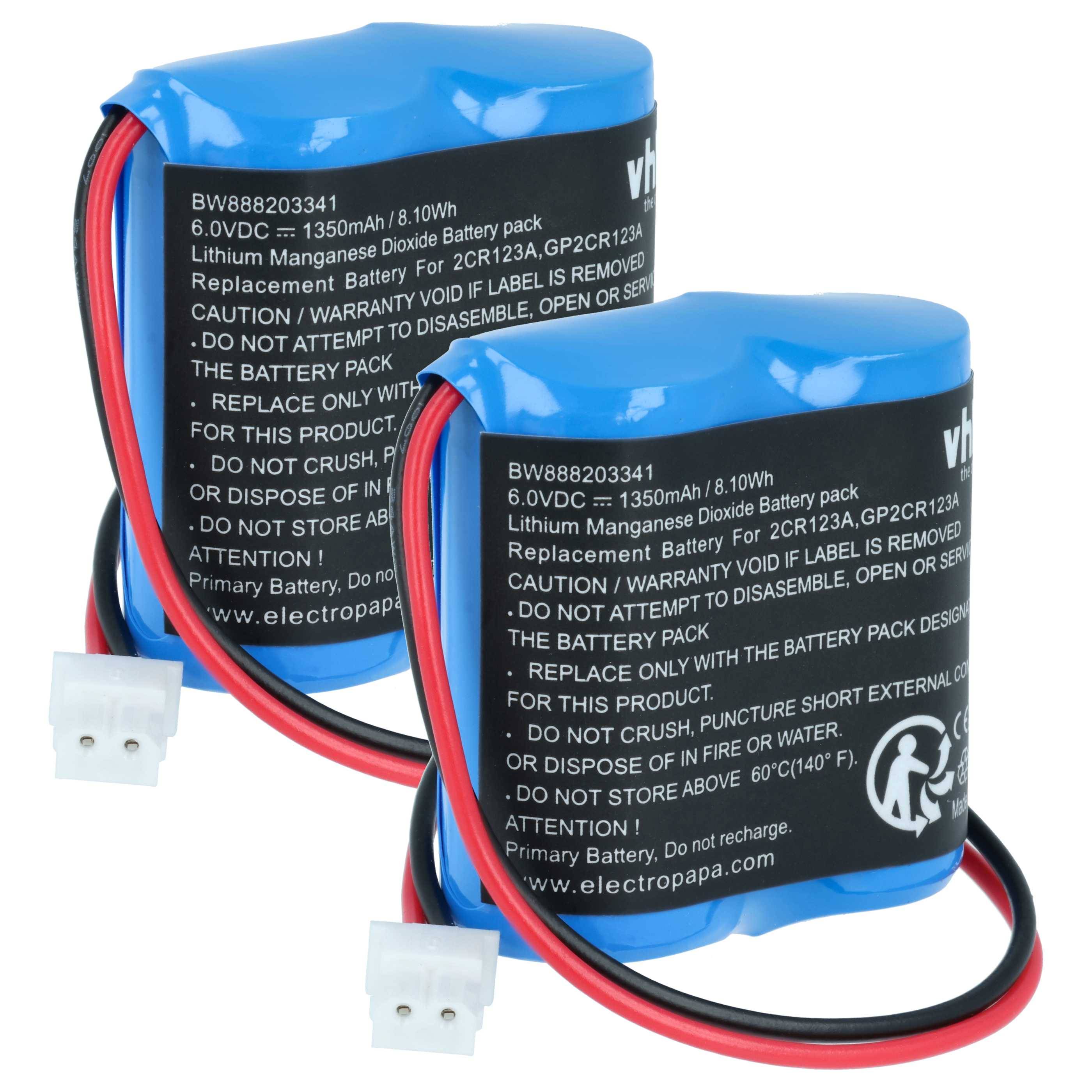 Zwei blaue Lithium-Mangandioxid-Batteriepackungen mit Drähten und Steckverbindern, auf deren Etiketten Spezifikationen und Sicherheitswarnungen angezeigt werden.