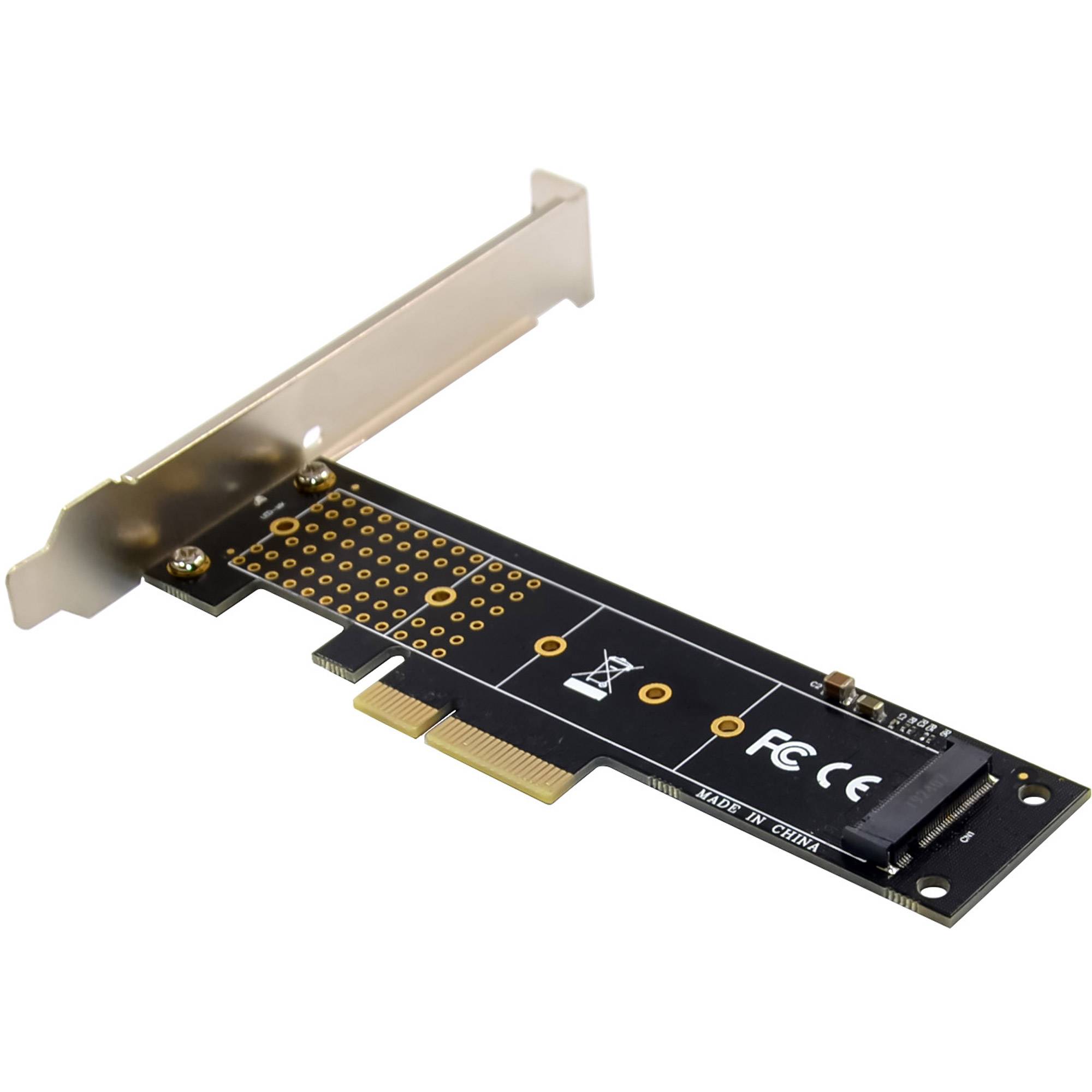 PCIe-Adapterkarte für M.2-SSD mit vergoldeten Steckern und sichtbarer Schaltung, konzipiert für Desktop-PC-Installationen.