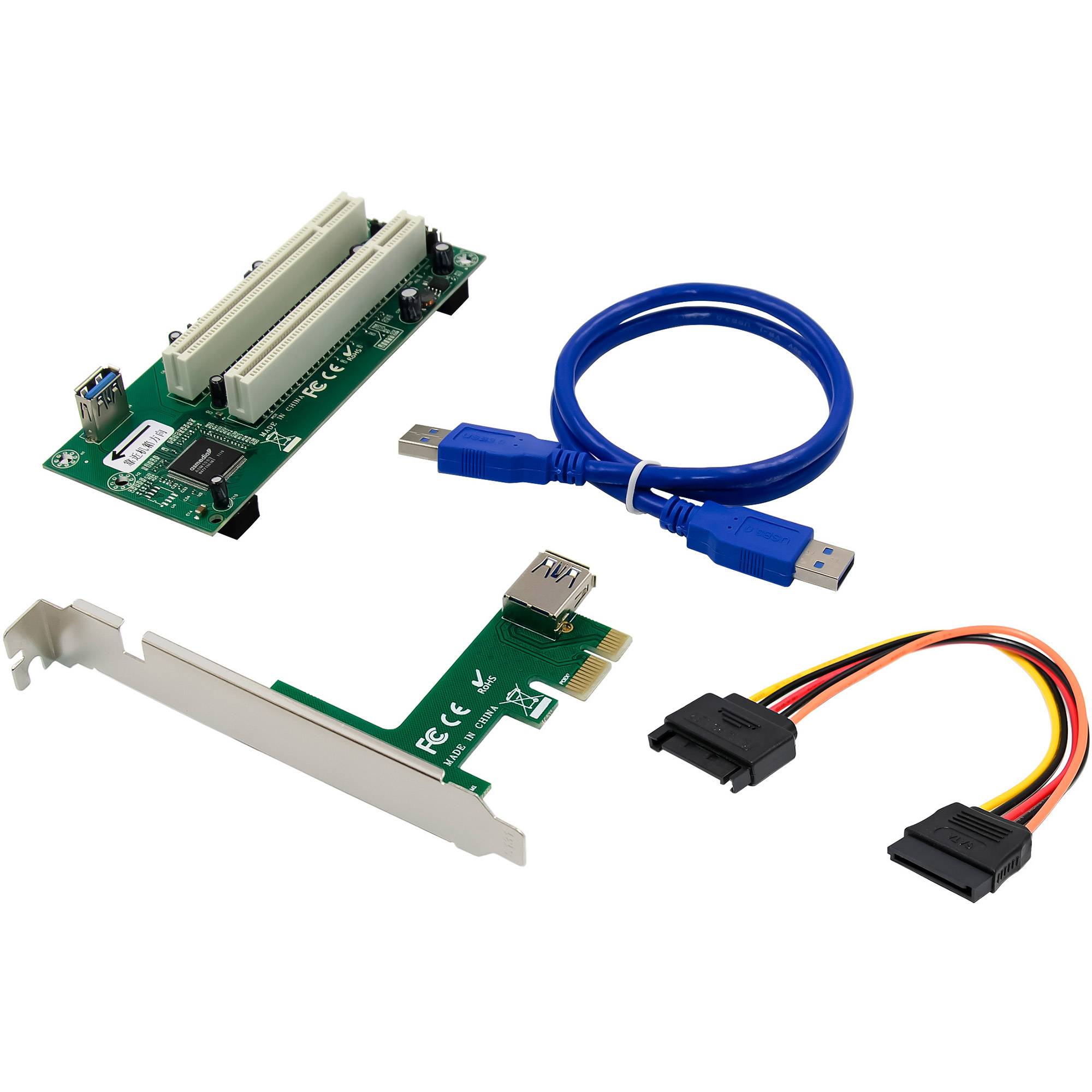PCIe-Erweiterungskarten-Kit mit einer Riserkarte, USB-Kabel und zwei Stromkabeln. Wird verwendet, um zusätzliche Komponenten in einem Computer anzuschließen.