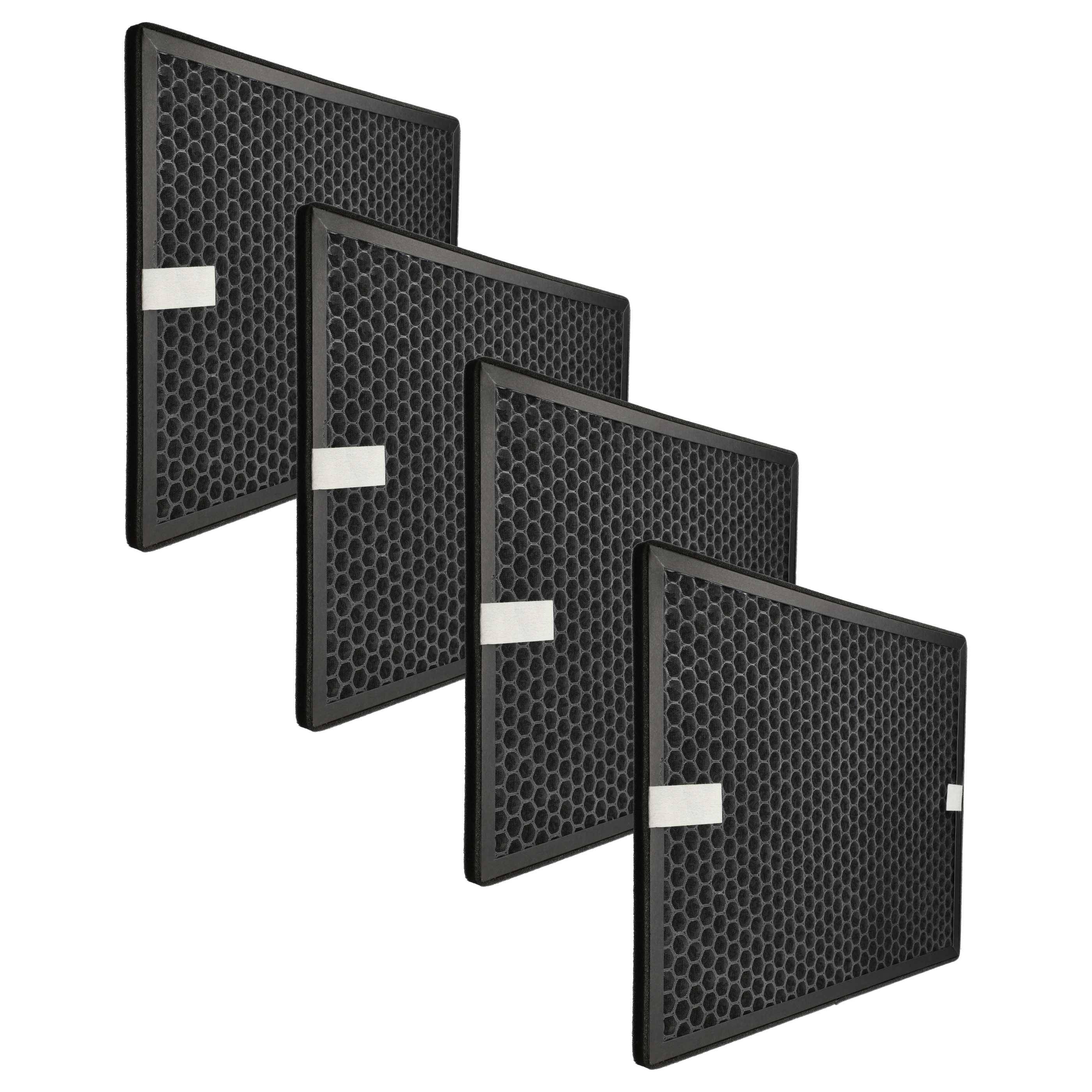 Vier schwarze Luftfilter im Wabendesign mit jeweils einem weißen Streifen in versetzter Anordnung.