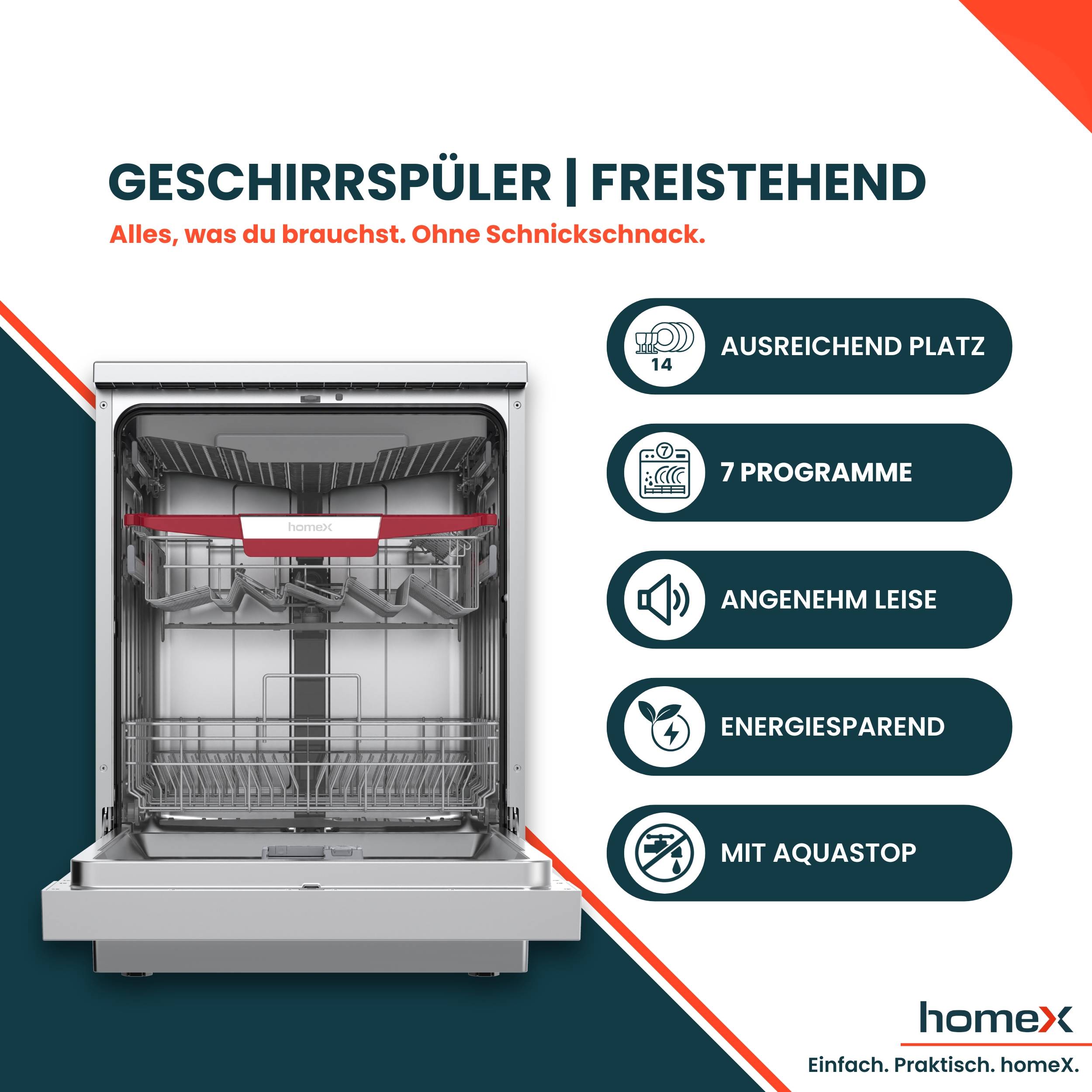 Offene Spülmaschine mit roten Akzenten, Text beschreibt Funktionen: „14 Gedeck, 7 Programme, leise, energiesparend, Aquastop.