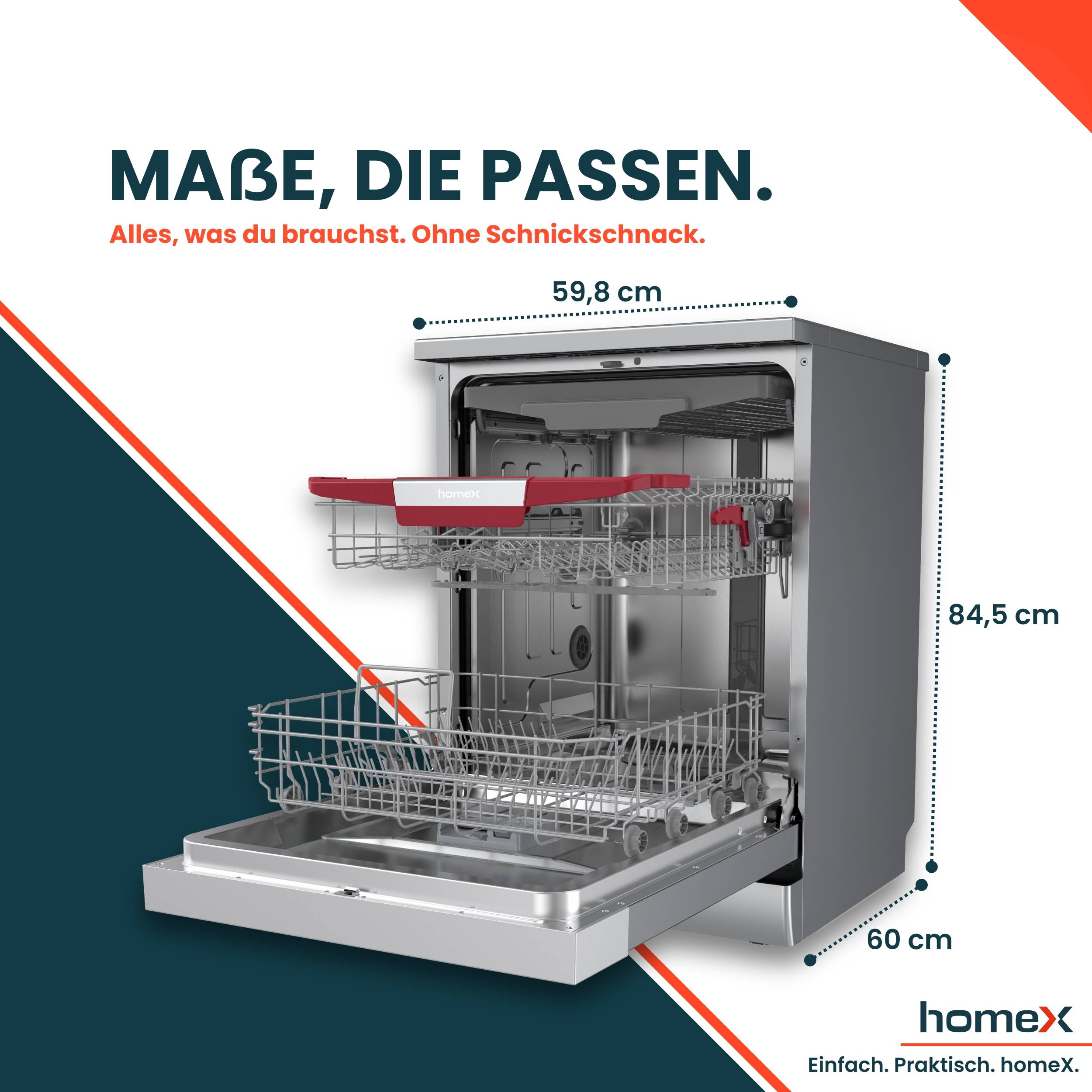 Ein offener Geschirrspüler mit ausgefahrenen Körben, beschriftete Abmessungen: 59,8 cm breit, 84,5 cm hoch, 60 cm tief. Text: 'Abmessungen, die passen.