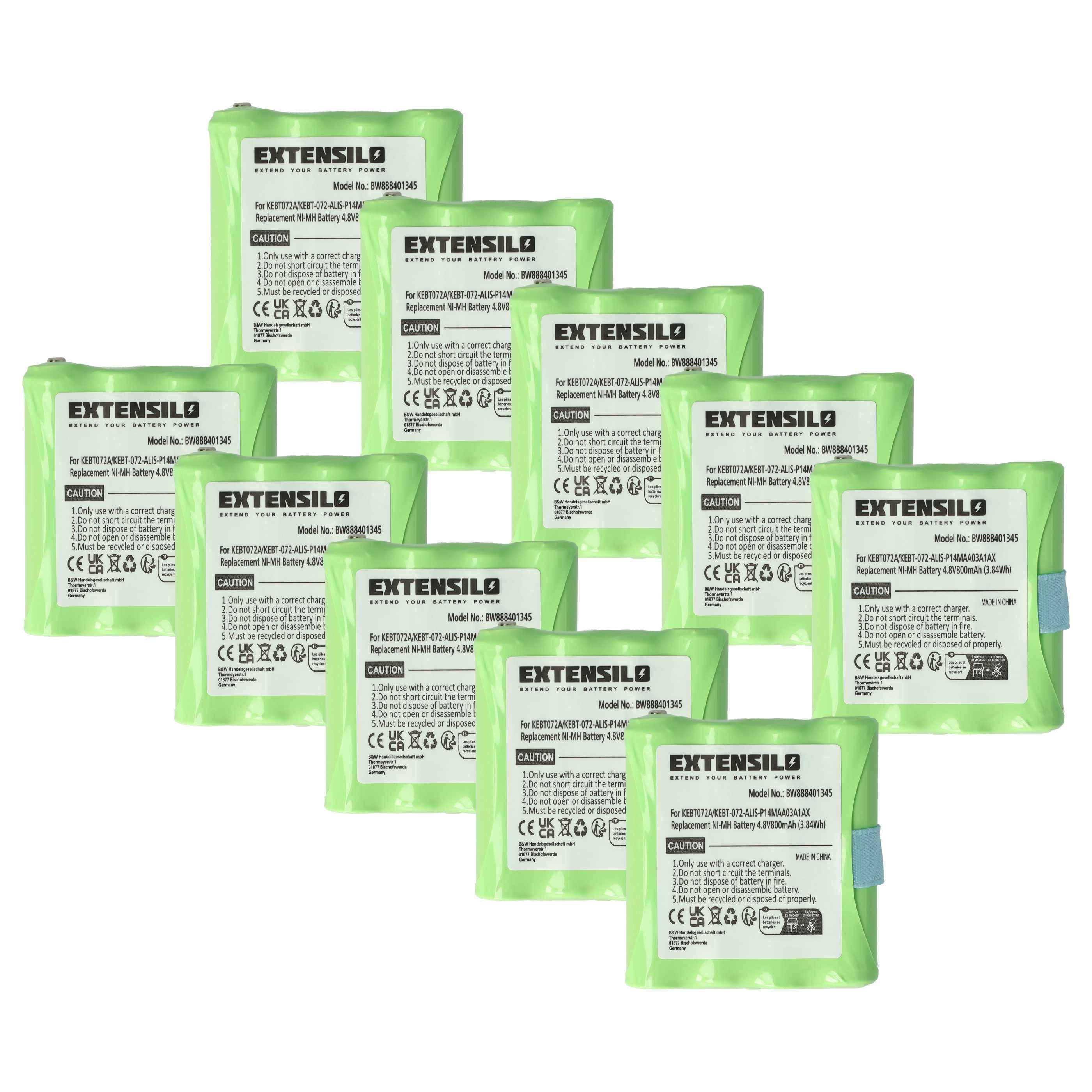 Zehn grüne Batterien mit der Aufschrift „Extensilo