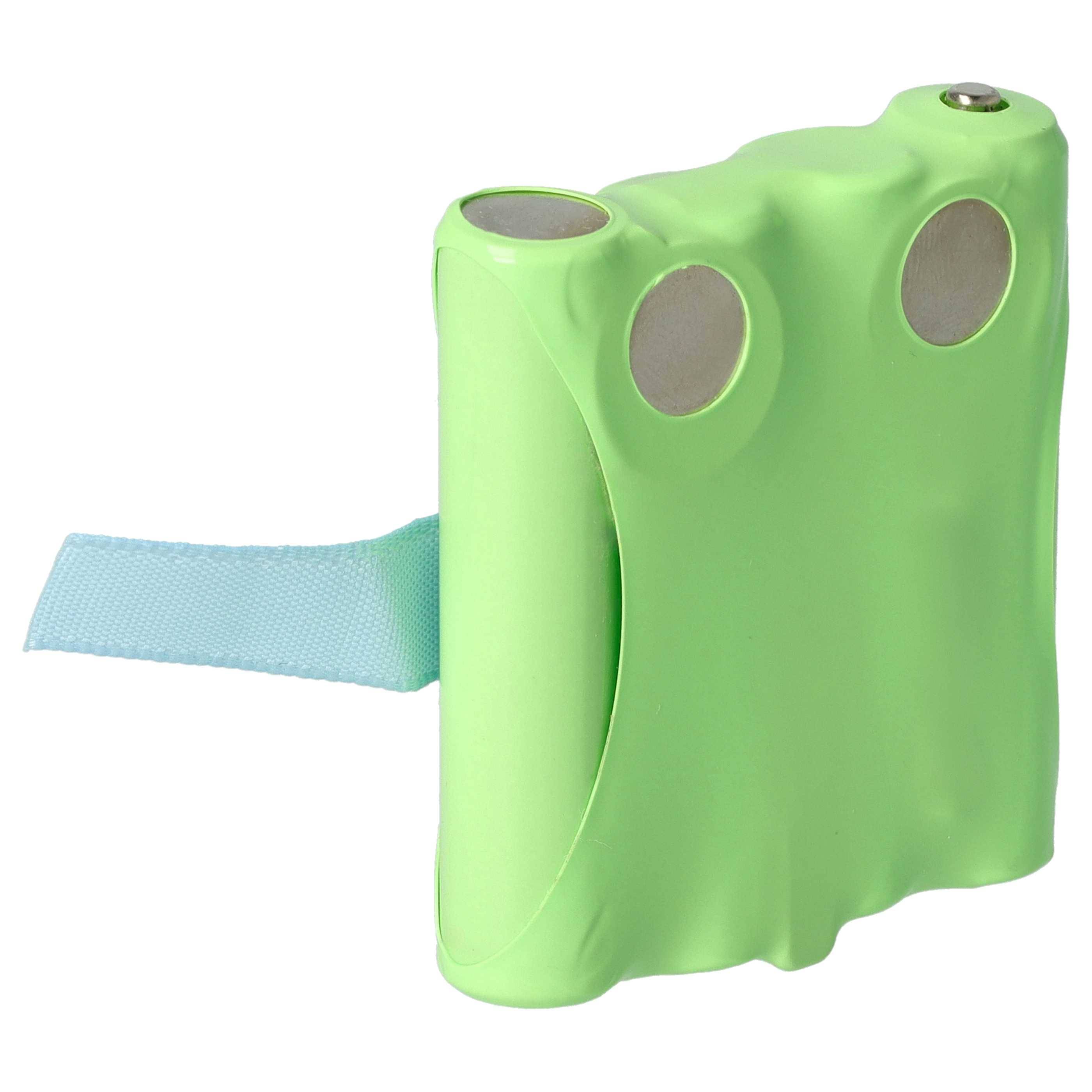 Ein grüner, zylindrischer Bleistiftspitzer mit zwei Löchern und einem blauen Bandhenkel.