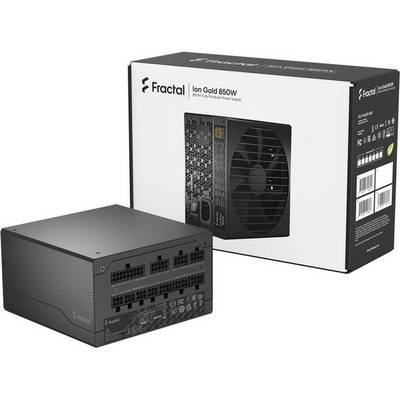 Fractal Ion Gold 850W Netzteil und seine Verpackung. Das Netzteil zeigt sichtbare Anschlüsse und einen Lüfter. Die Verpackung zeigt Produktdetails.