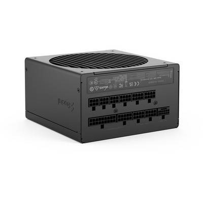 Ein schwarzes Computer-Netzteil mit mehreren Ausgabeanschlüssen für Kabel und einem Kühlventilator oben.