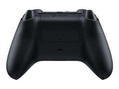 Rückansicht eines schwarzen Xbox-Controllers, die das Batteriefach und das ergonomische Design zeigt.