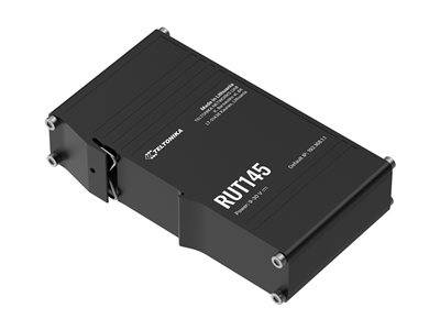 Ein schwarzer Teltonika RUT145-Router mit sichtbaren Anschlüssen und Modellinformationen auf der Oberseite.